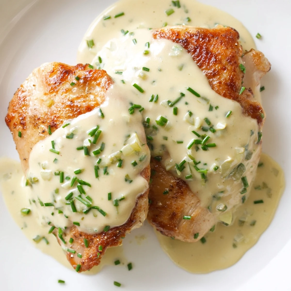 Creamy Boursin sauce with garlic and herbs drizzled over golden seared chicken breasts