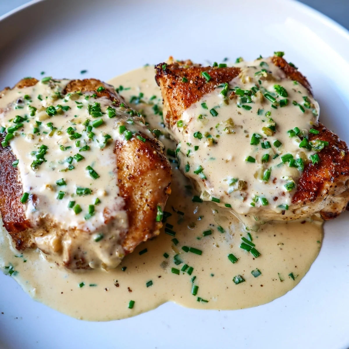 Pan-seared chicken with Boursin cheese sauce featuring garlic and fine herbs, plated elegantly