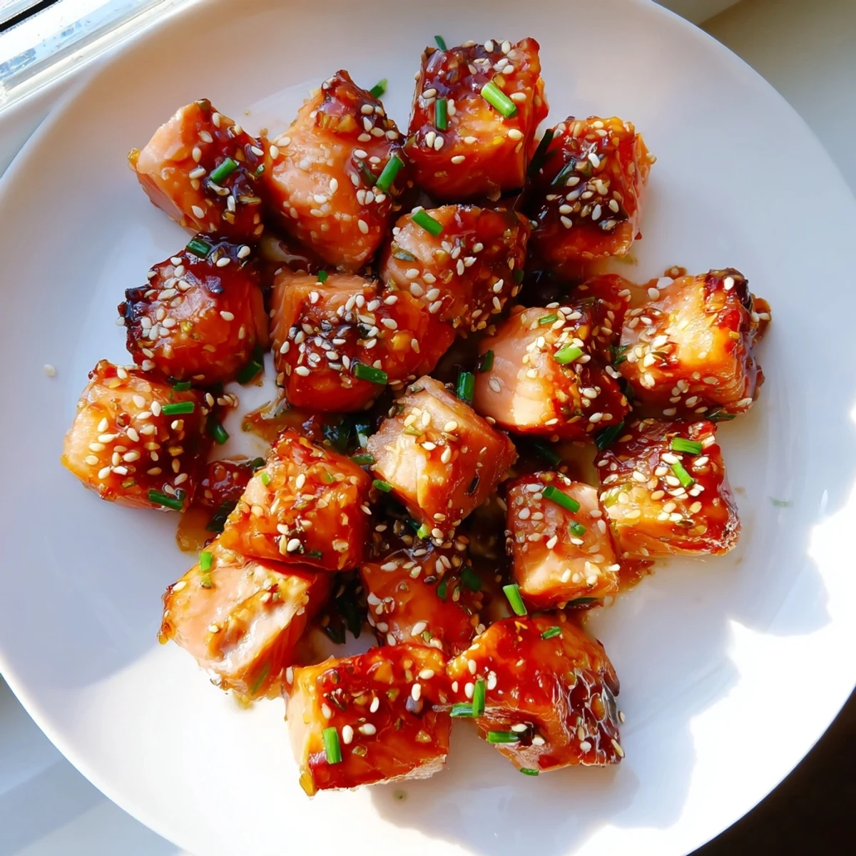Caramelized hot honey salmon bites glistening with sticky, spicy-sweet glaze on a parchment-lined baking sheet