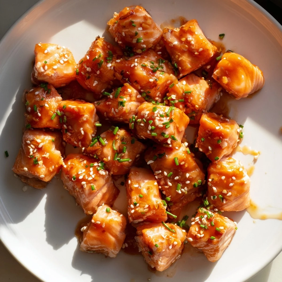 Golden hot honey salmon bites tossed in a glossy red pepper sauce, scattered with sesame seeds and fresh chives