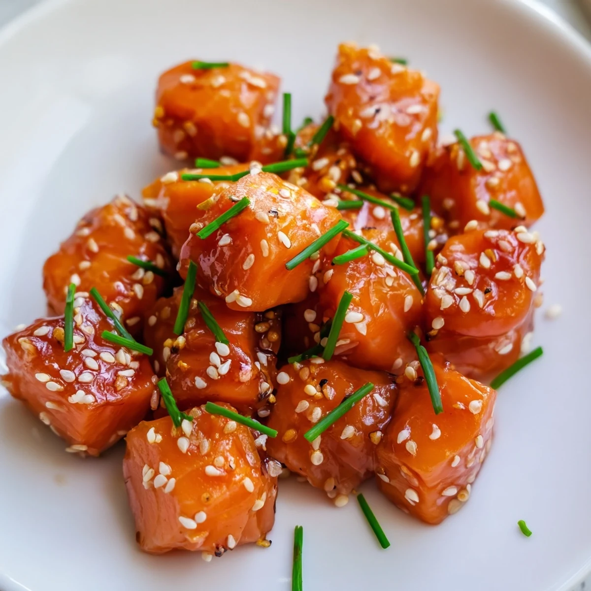 Sizzling hot honey salmon bites nestled in crisp lettuce cups, drizzled with a warm, caramelized spicy-sweet sauce