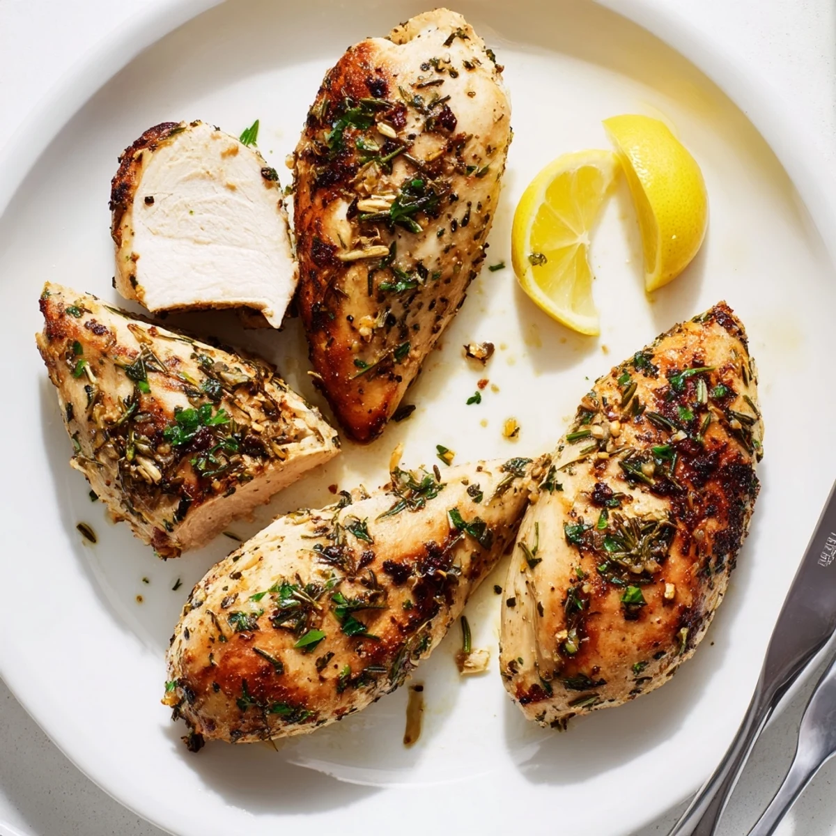 Golden savory garlic herb chicken fresh from the oven with crispy herb edges