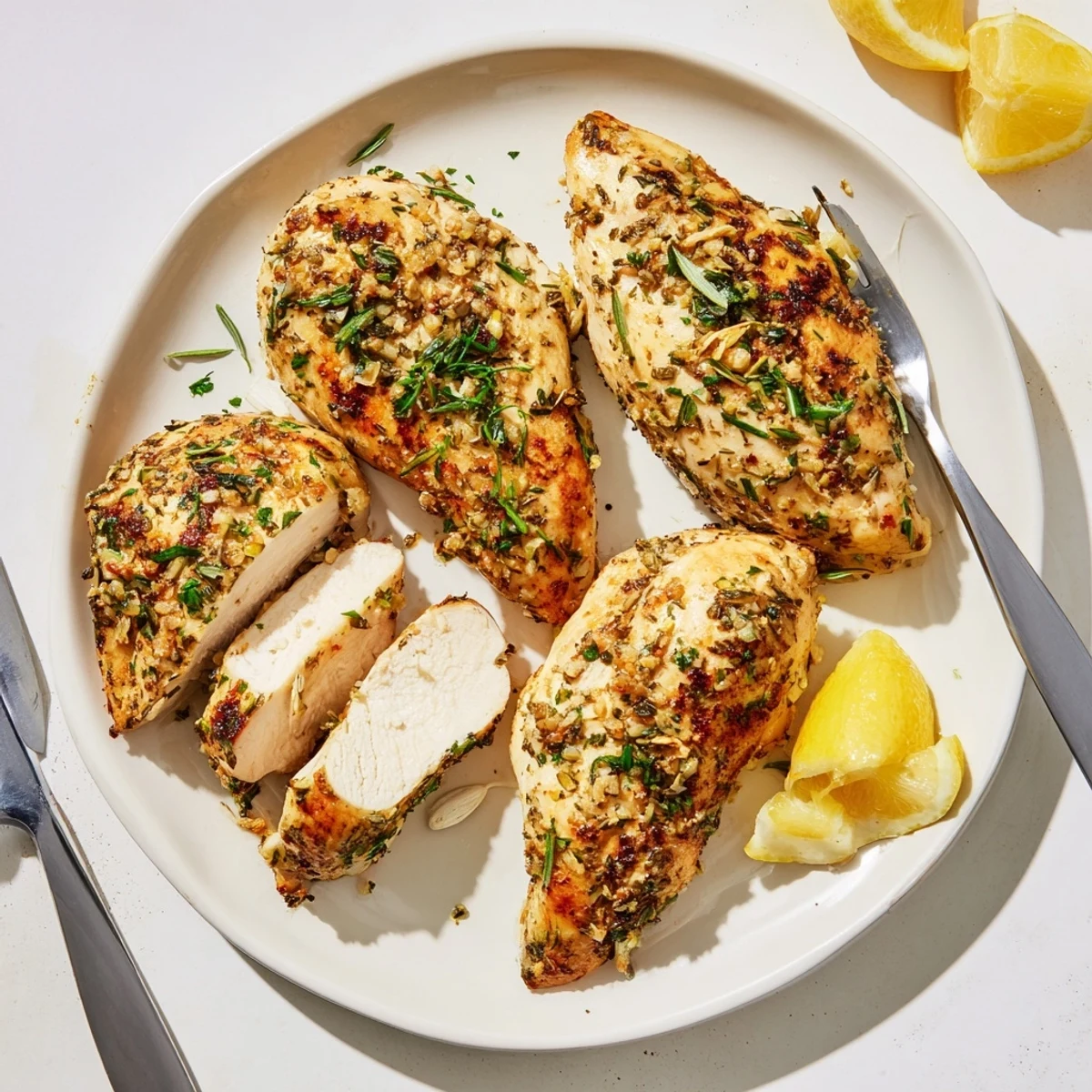 Juicy savory garlic herb chicken plated with bright lemon wedges and fresh parsley