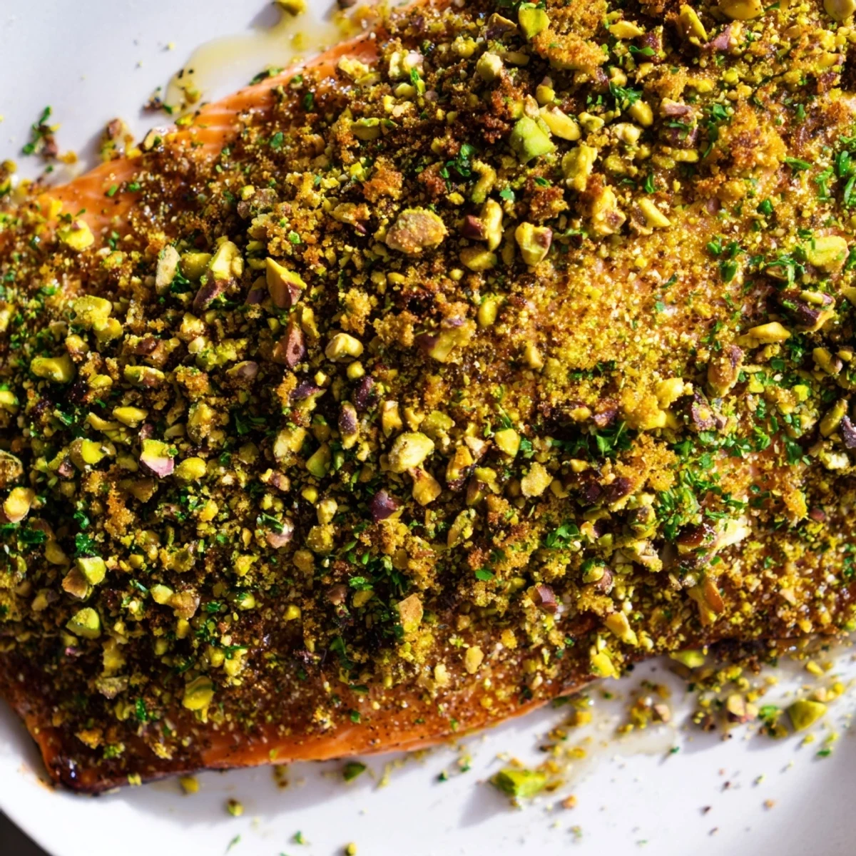 Caramelized maple pistachio salmon served on a bed of tender roasted vegetables