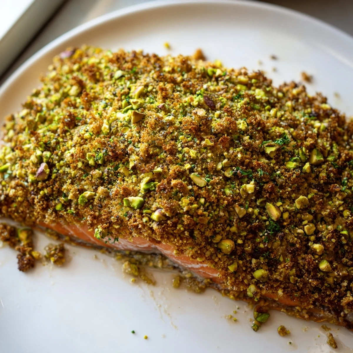 Glossy maple pistachio salmon fillet with golden nutty crust on a white plate