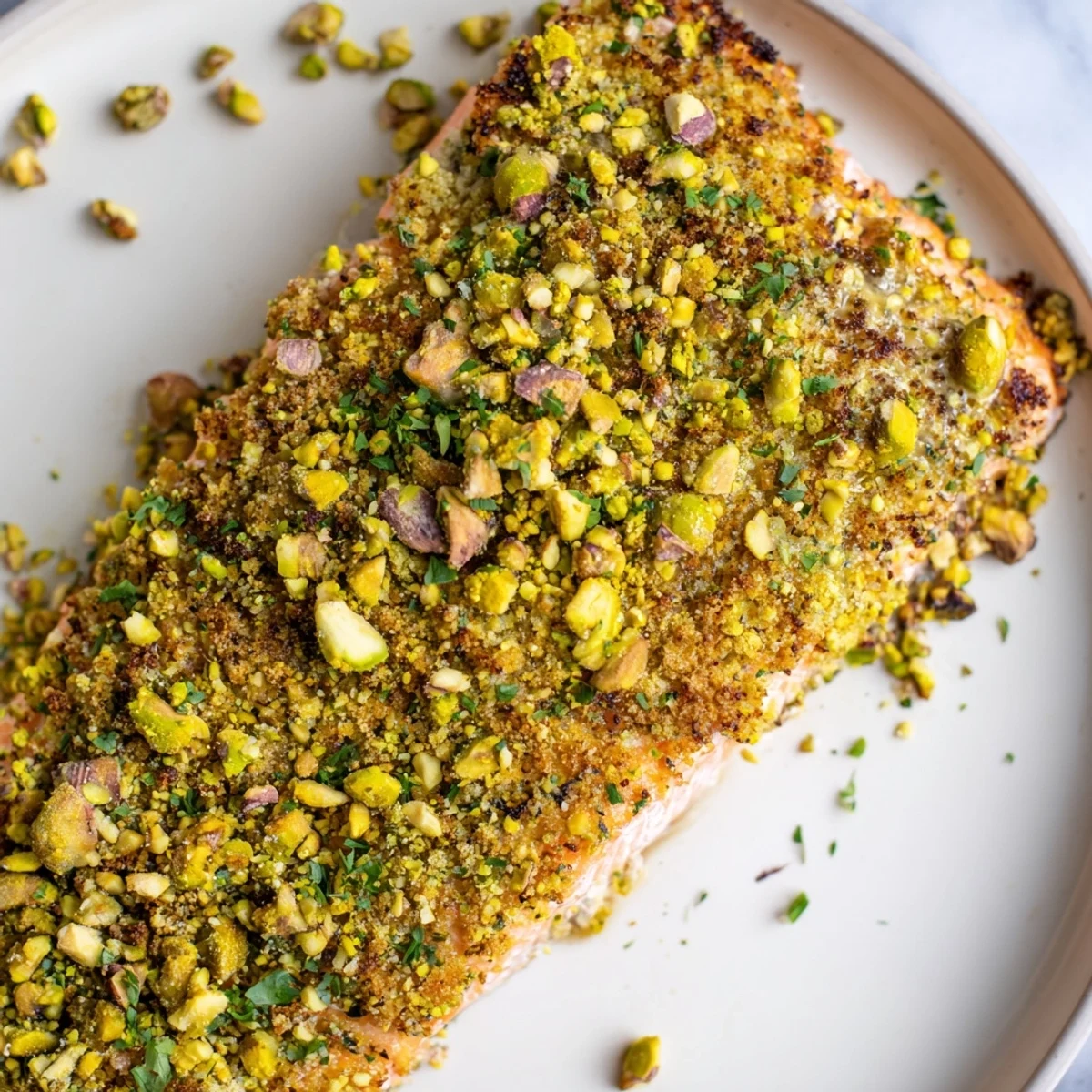 Close-up of maple pistachio salmon topped with bright parsley and lemon zest