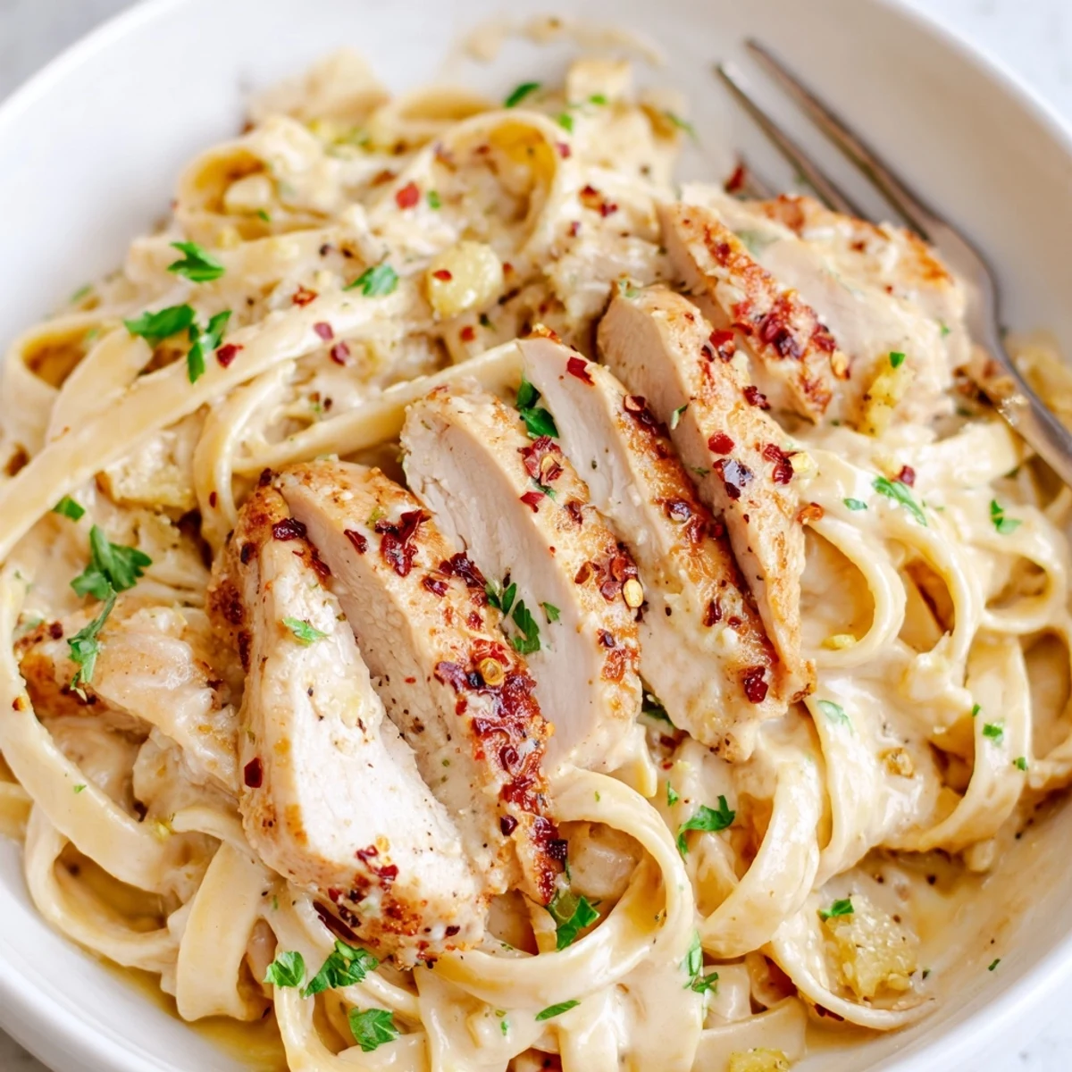 Creamy garlic parmesan chicken pasta tossed in a silky, golden cheese sauce with tender seared chicken strips