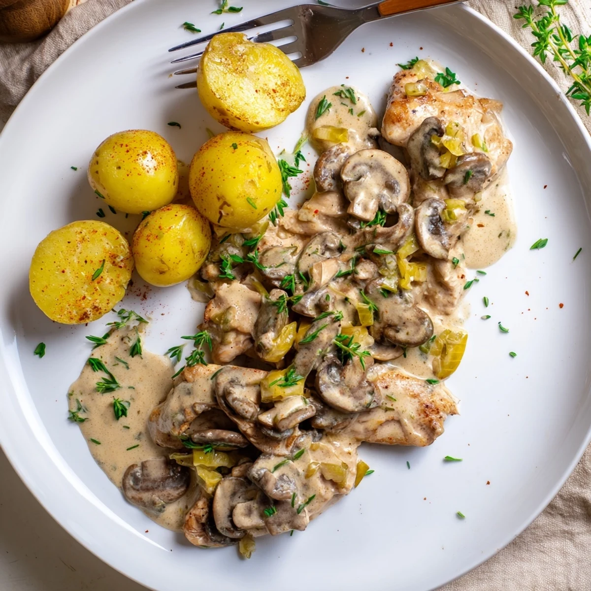 Creamy mushroom chicken with golden herb potatoes on a rustic white plate