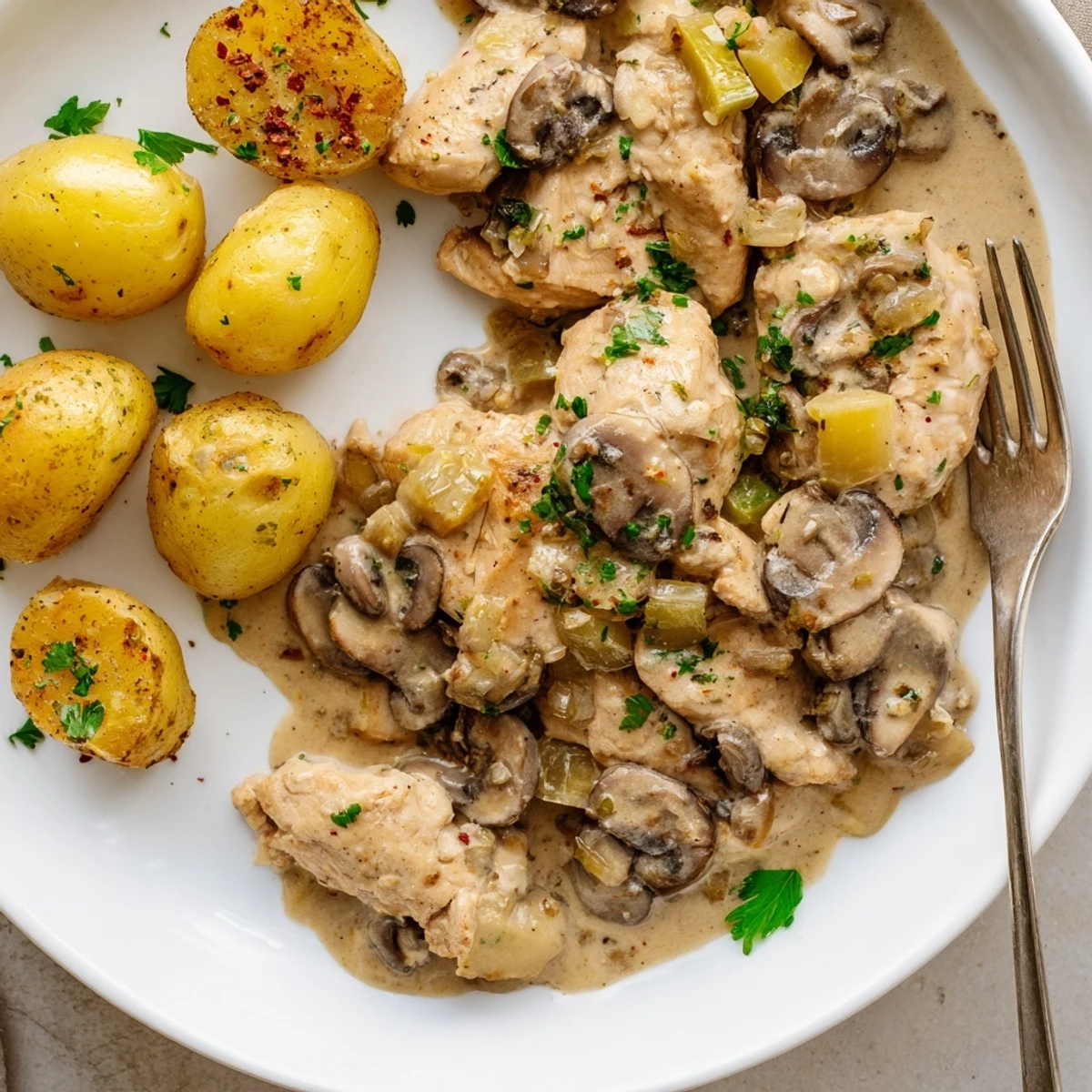 Creamy mushroom chicken plated with roasted herb potatoes and fresh thyme garnish