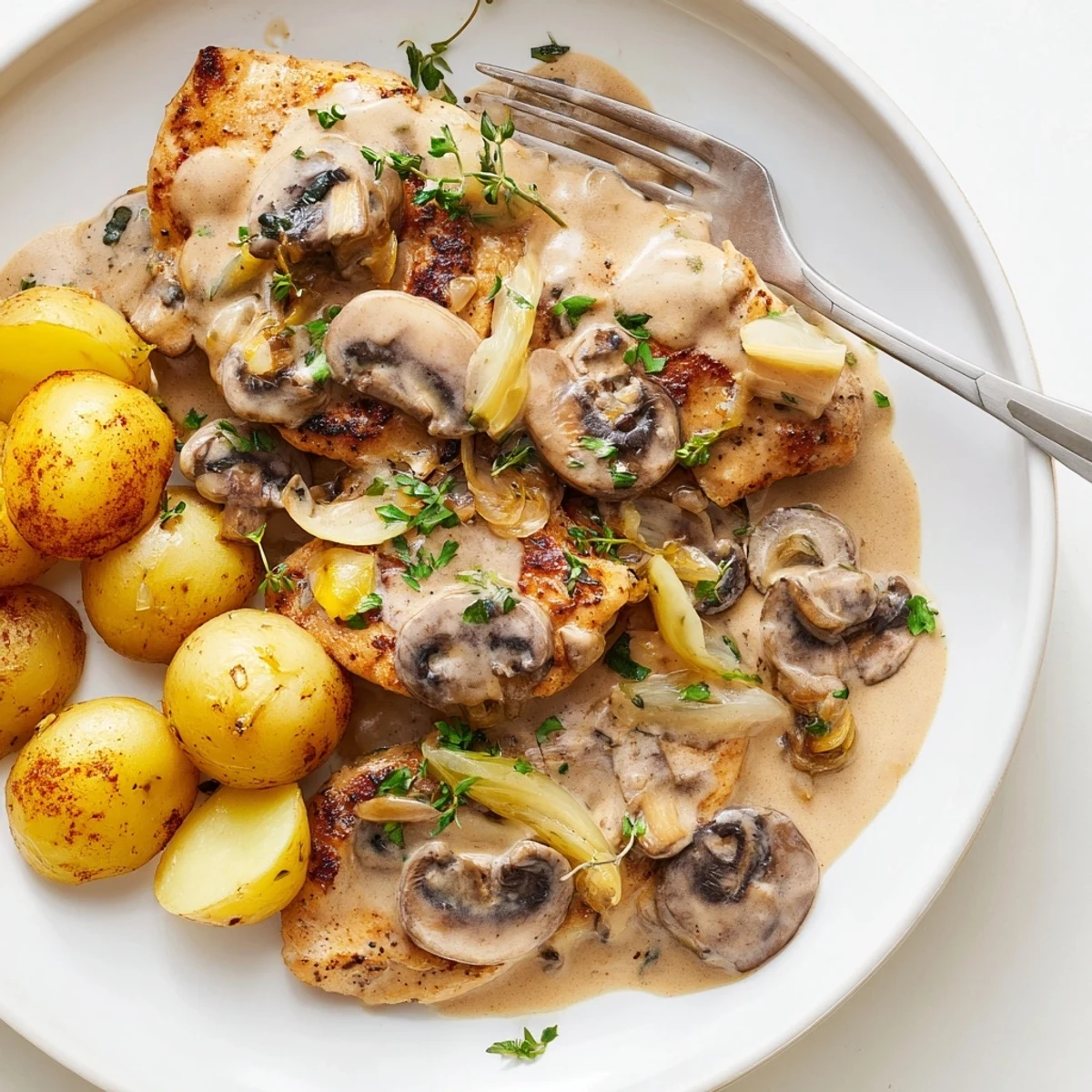 Juicy seared chicken smothered in a velvety mushroom cream sauce with crispy potatoes