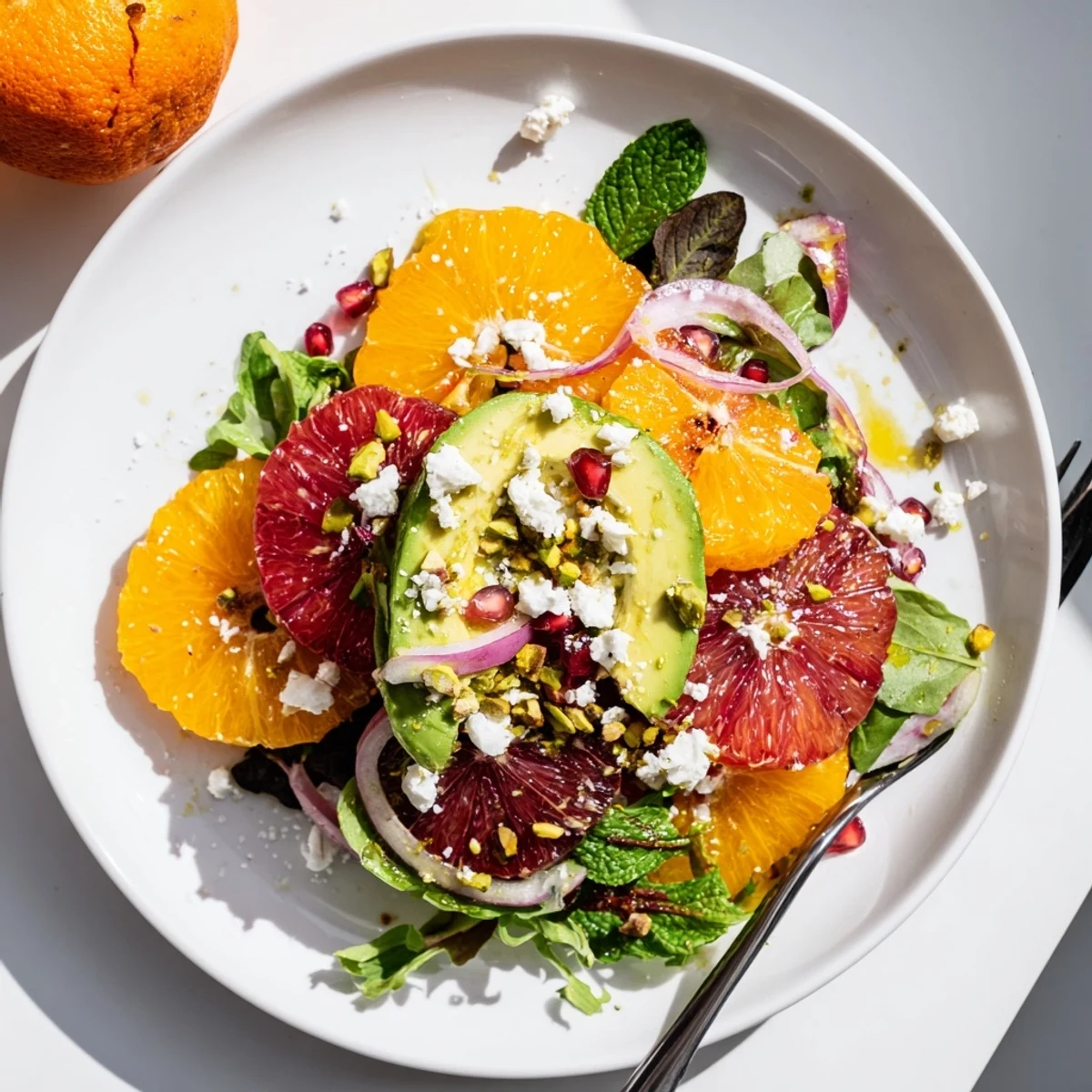 Colorful citrus salad with pomegranate seeds, avocado, and feta on a rustic platter