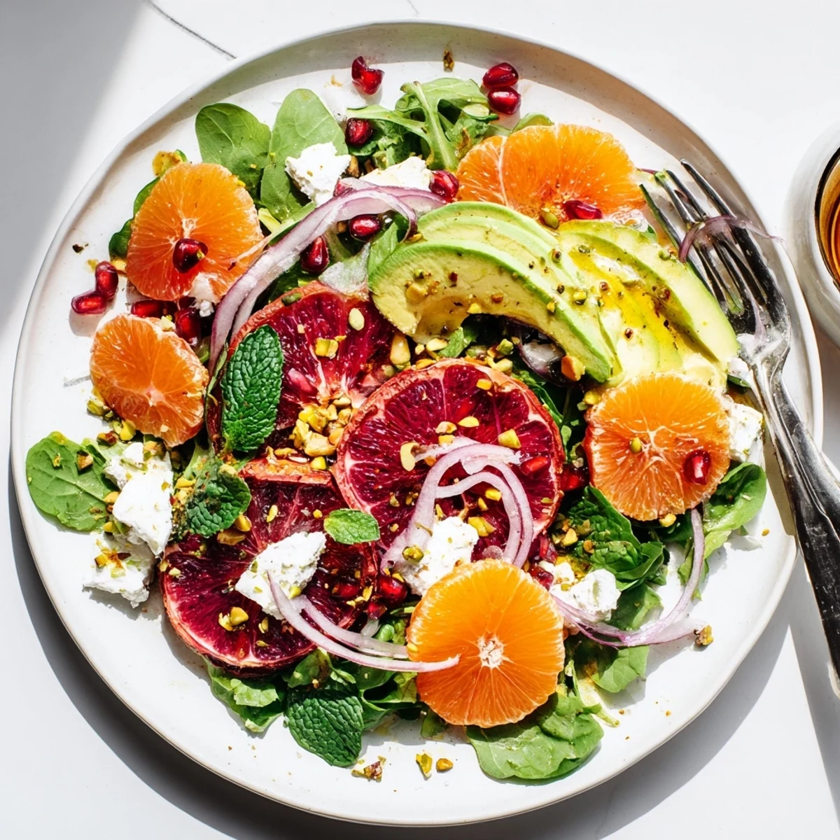 Refreshing citrus salad with pomegranate arils and crumbled feta drizzled with zesty lemon dressing