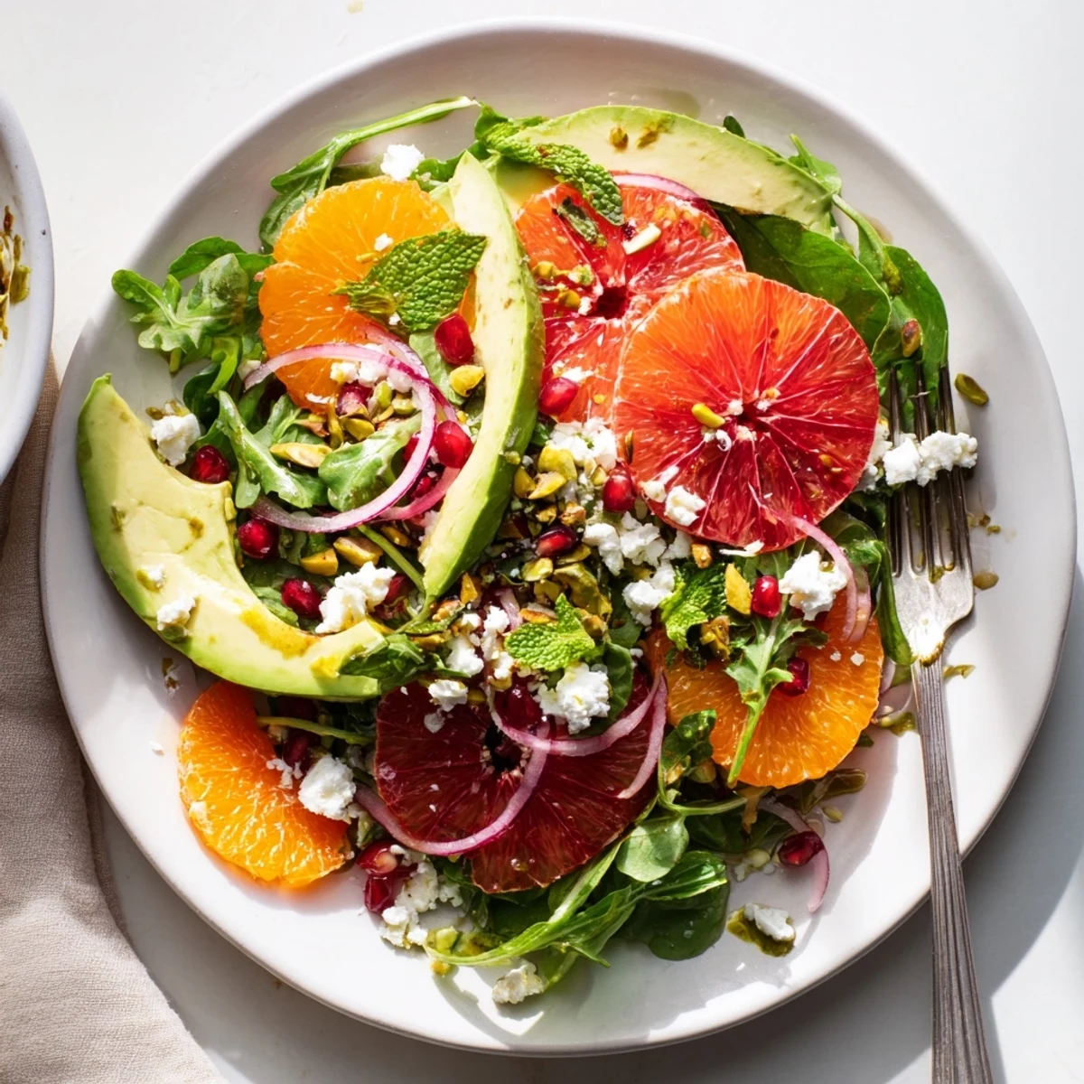 Bright citrus salad topped with ruby pomegranate jewels, creamy avocado slices, and tangy feta