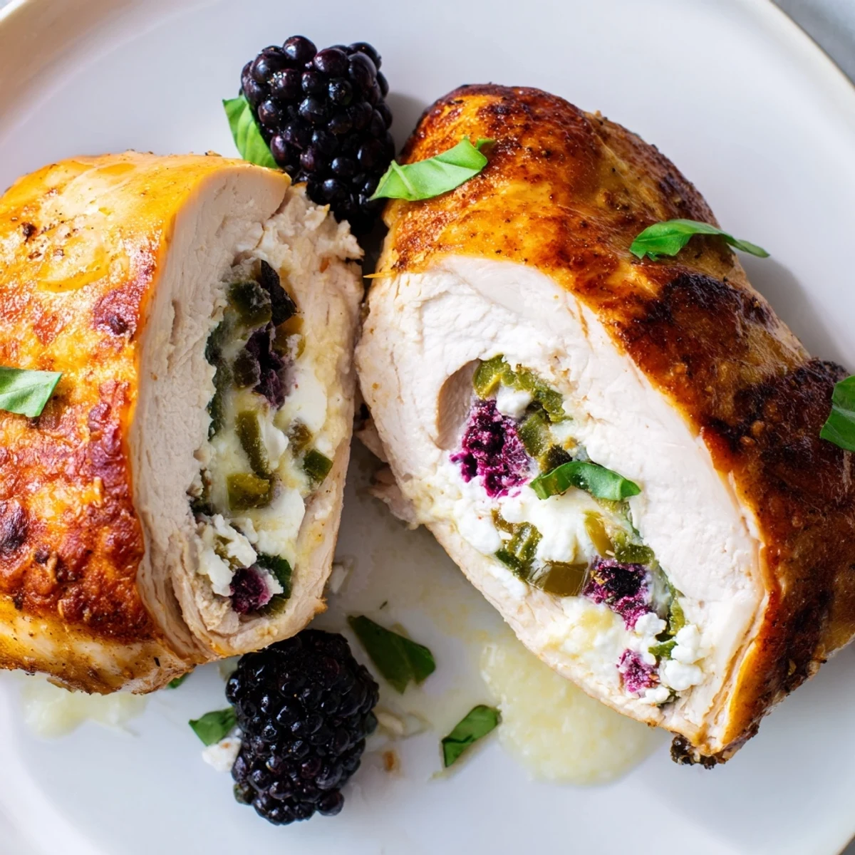 Golden baked blackberry jalapeno stuffed chicken oozing with melted goat cheese on a rustic plate