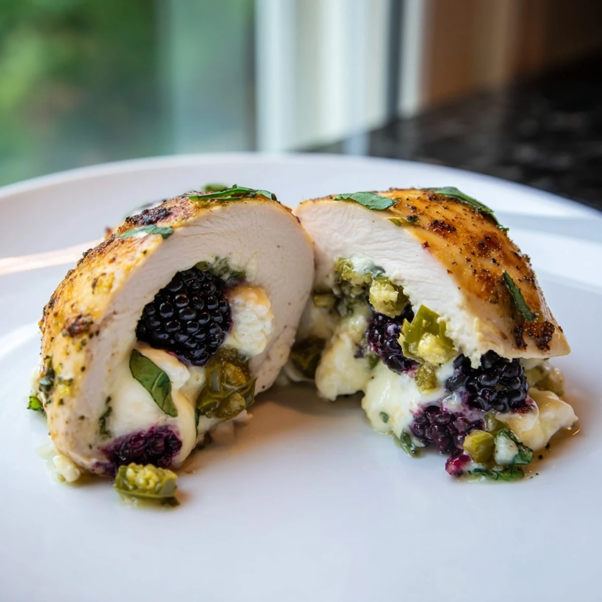 Juicy blackberry jalapeno stuffed chicken sliced open revealing creamy purple berry filling steaming hot