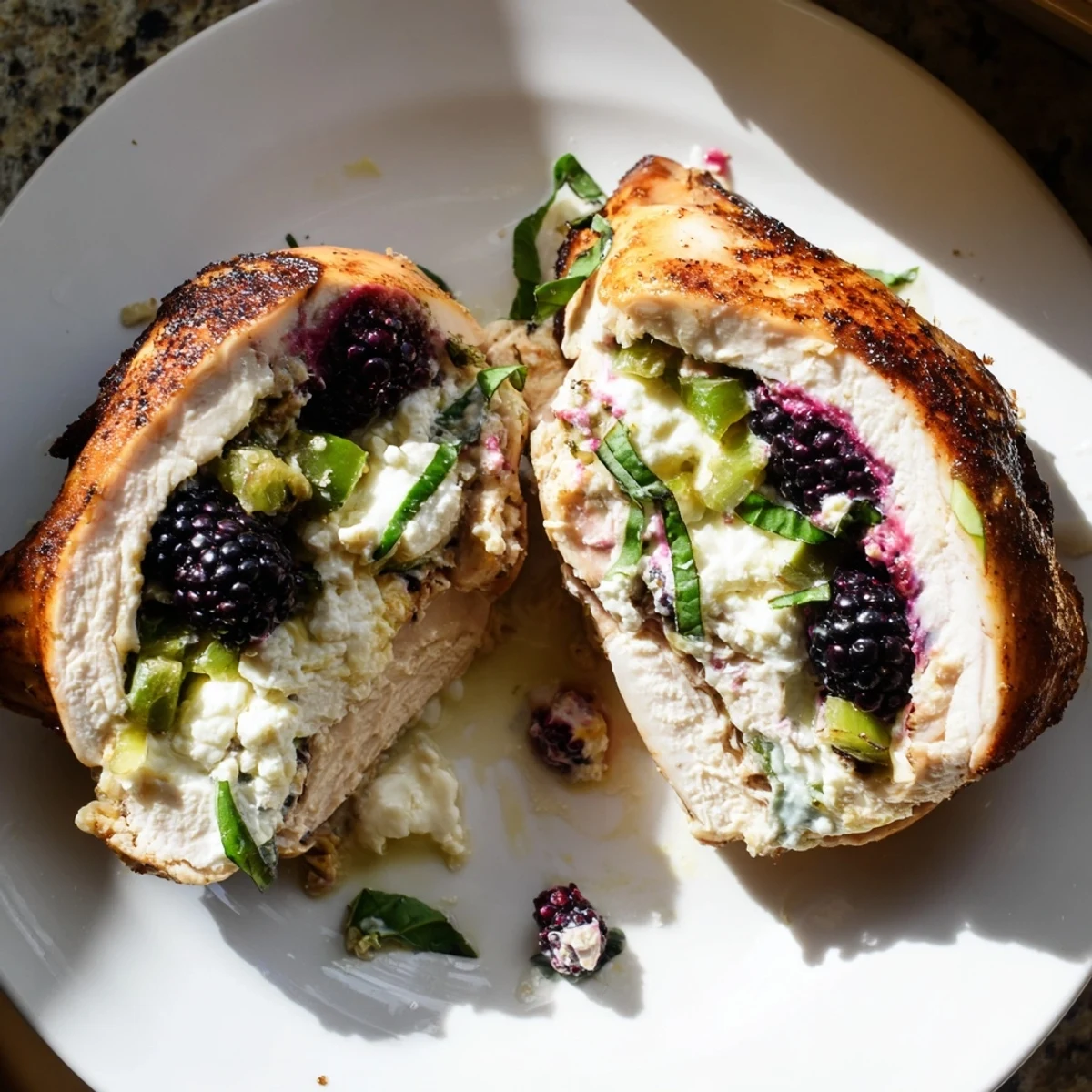 Crispy seared blackberry jalapeno stuffed chicken topped with bubbling mozzarella served on white china