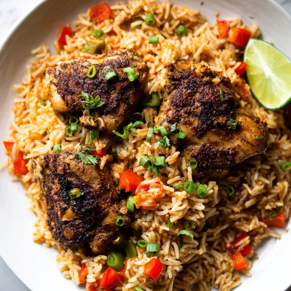 Golden jerk chicken thighs nestled in fragrant spiced rice with colorful bell peppers and fresh herbs