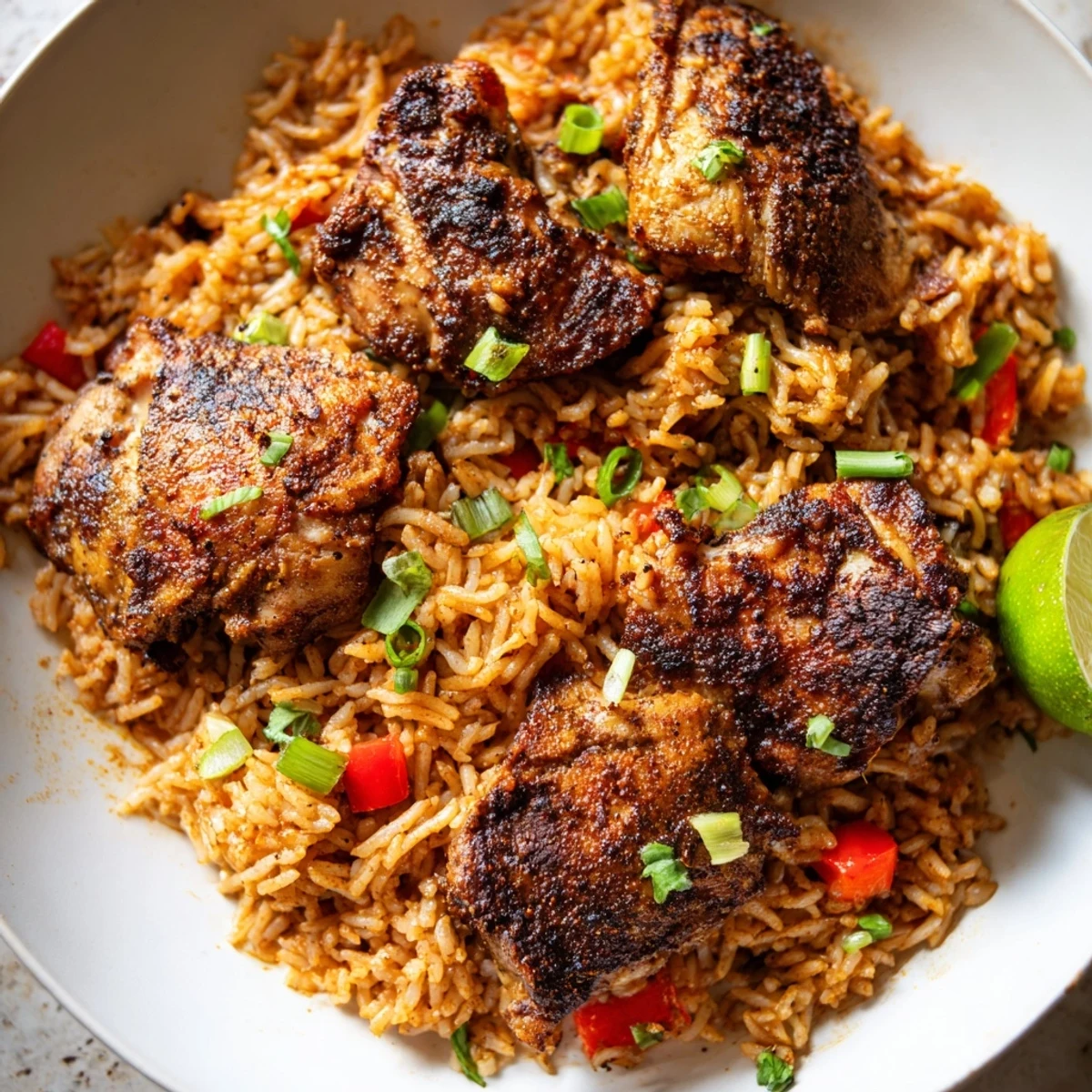 Spicy jerk chicken rice steaming in a skillet topped with spring onions and lime wedges