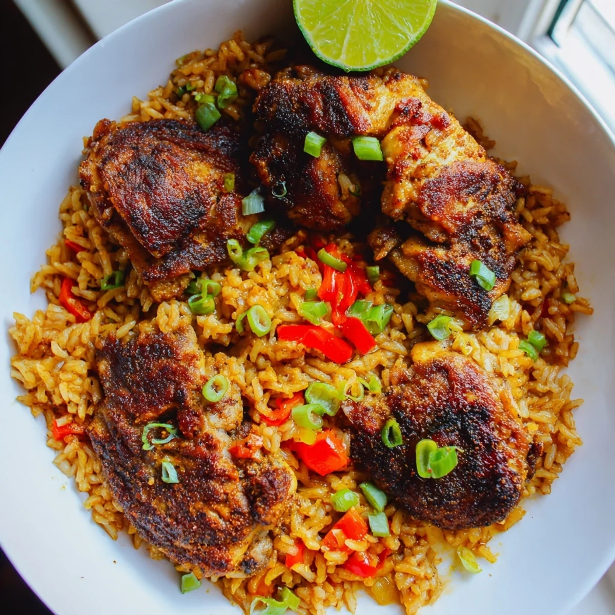 Tender Caribbean jerk chicken served over coconut-infused rice garnished with bright cilantro and lime