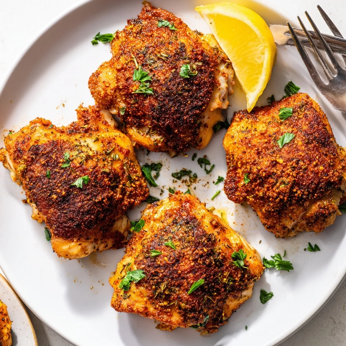 Crispy golden oven baked chicken thighs with herbs on a parchment-lined baking sheet