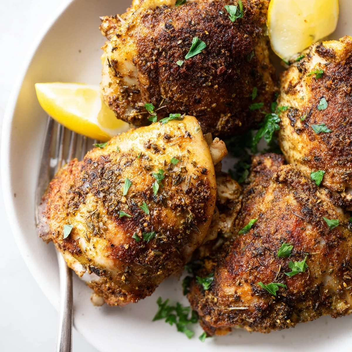 Juicy oven baked chicken thighs garnished with fresh parsley and lemon wedges
