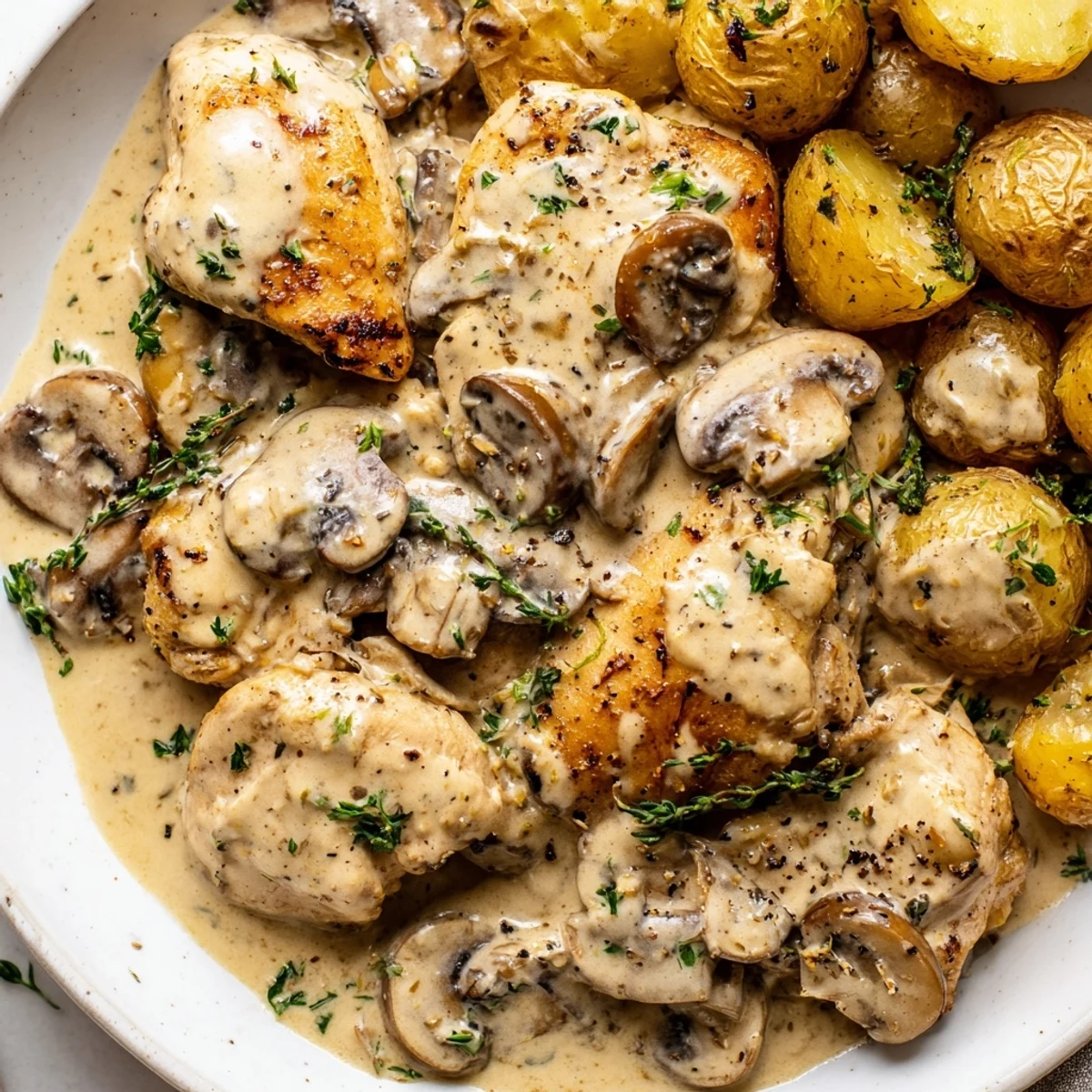 Creamy mushroom chicken with golden herb potatoes plated on a rustic dish