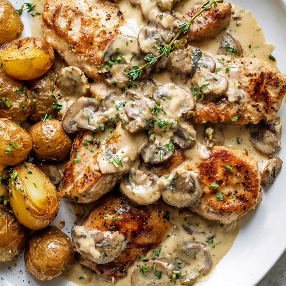 Tender creamy mushroom chicken smothered in sauce beside crispy roasted potatoes
