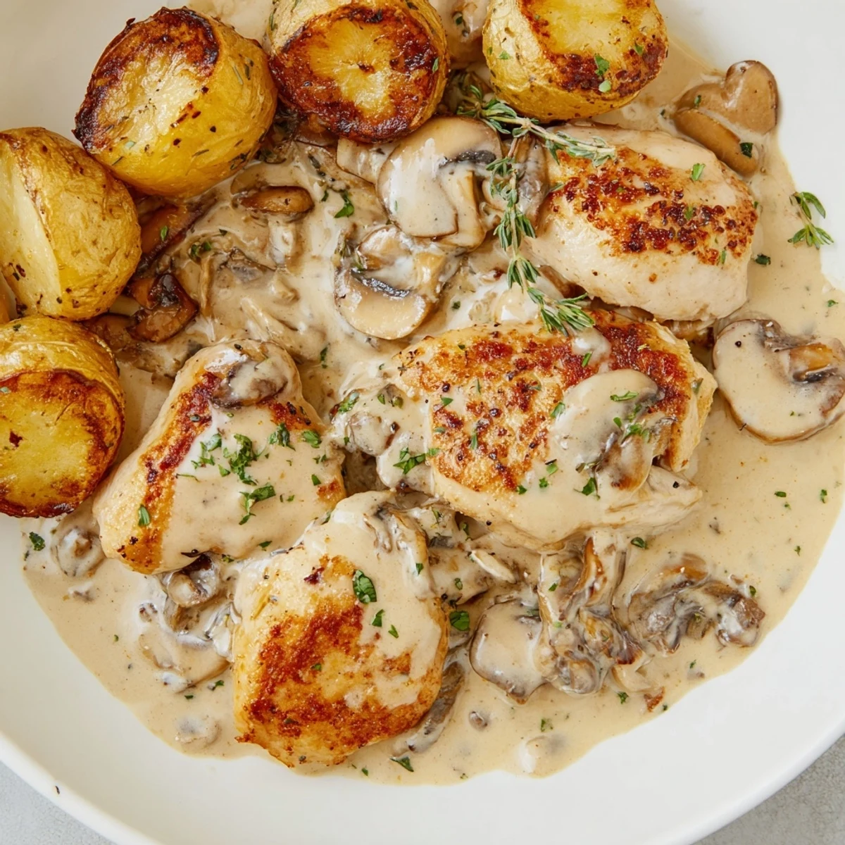 Juicy pan-seared creamy mushroom chicken served with perfectly crisp herb-crusted baby potatoes