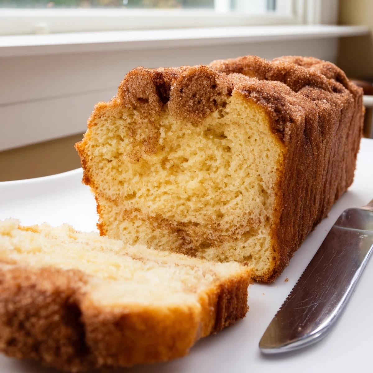 Golden cinnamon donut loaf sliced thick with a sparkling cinnamon-sugar crust on a rustic cutting board