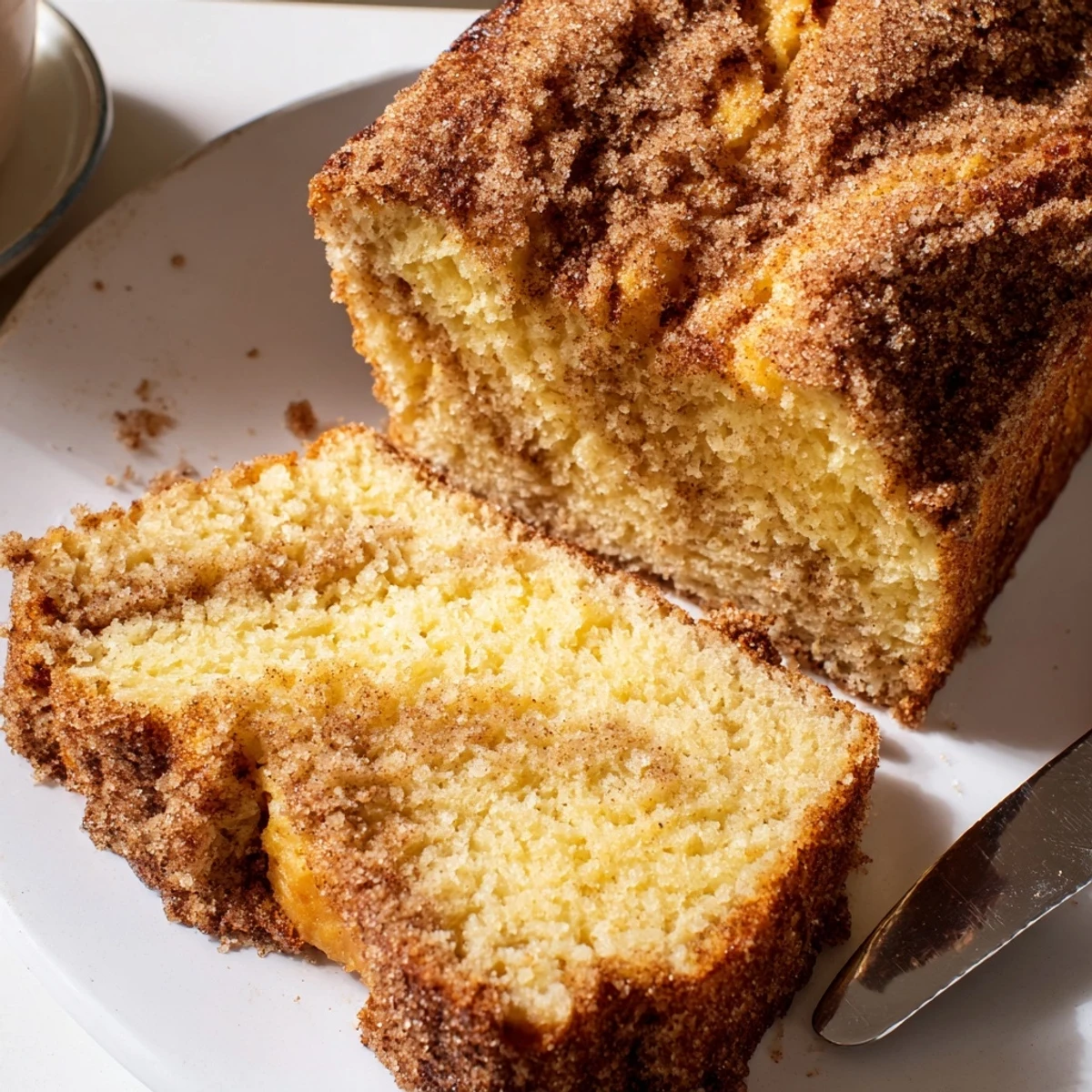 Warm cinnamon donut loaf topped with melted butter and spiced sugar beside a steaming mug of coffee