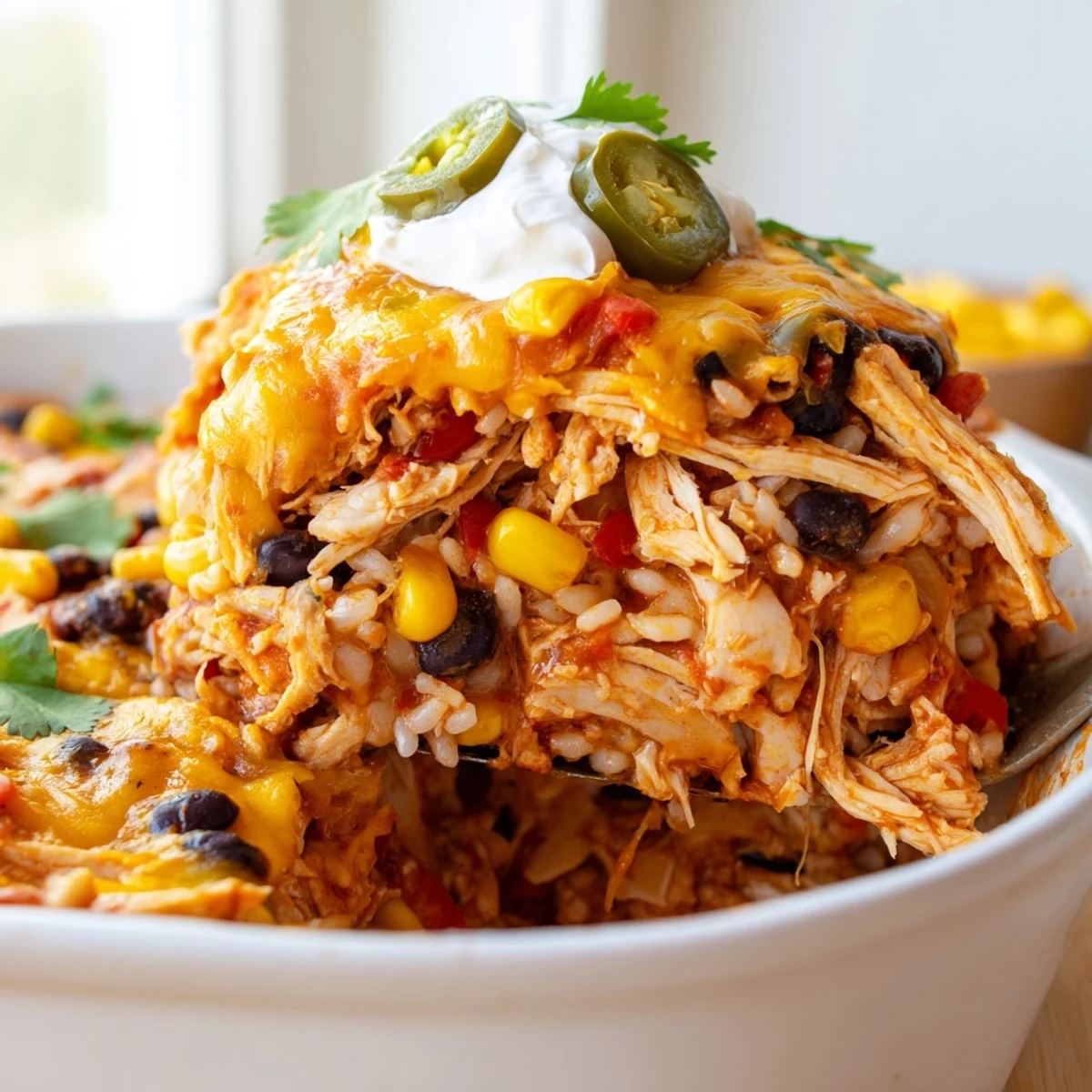 Golden bubbling chicken burrito casserole topped with melted cheddar and Monterey Jack cheese