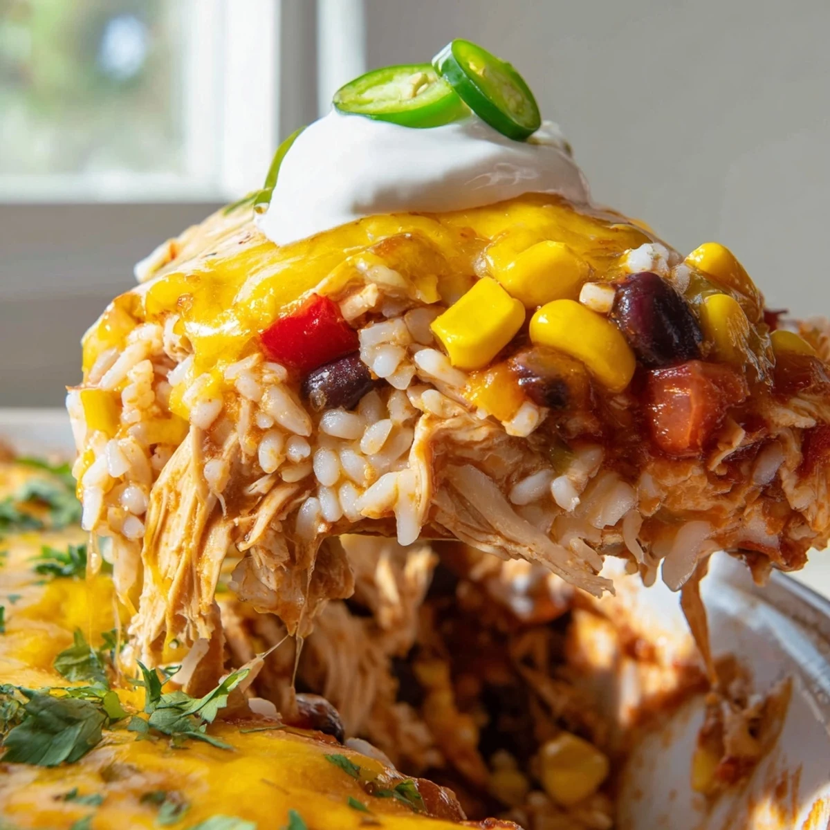 Steaming scoop of chicken burrito casserole garnished with fresh cilantro and a dollop of sour cream