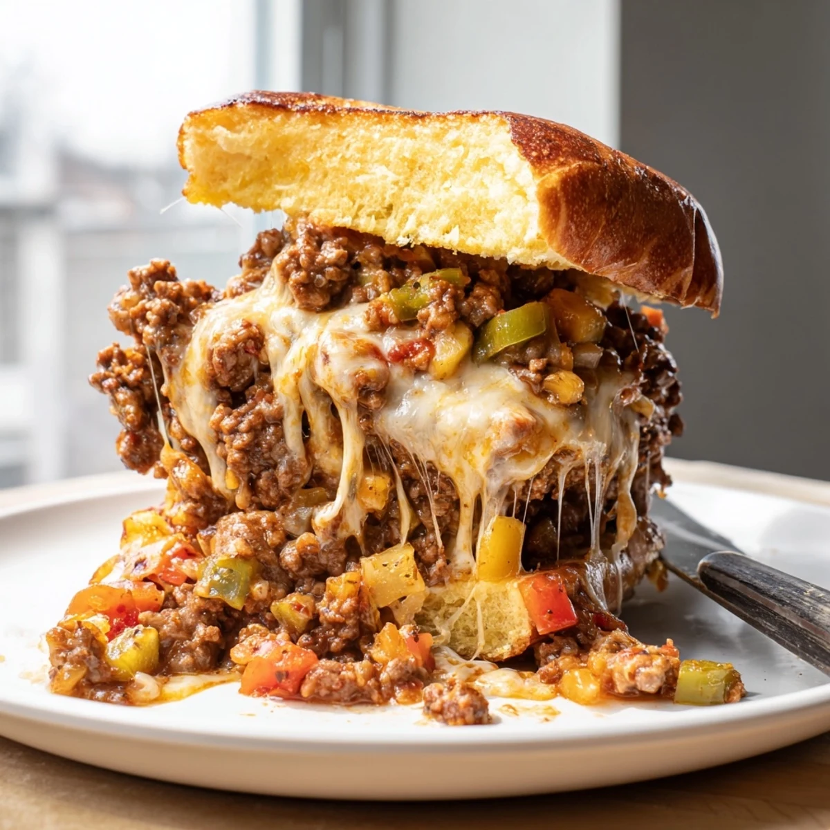 Gooey provolone stretches over savory beef in these Cheesy Philly Sloppy Joes