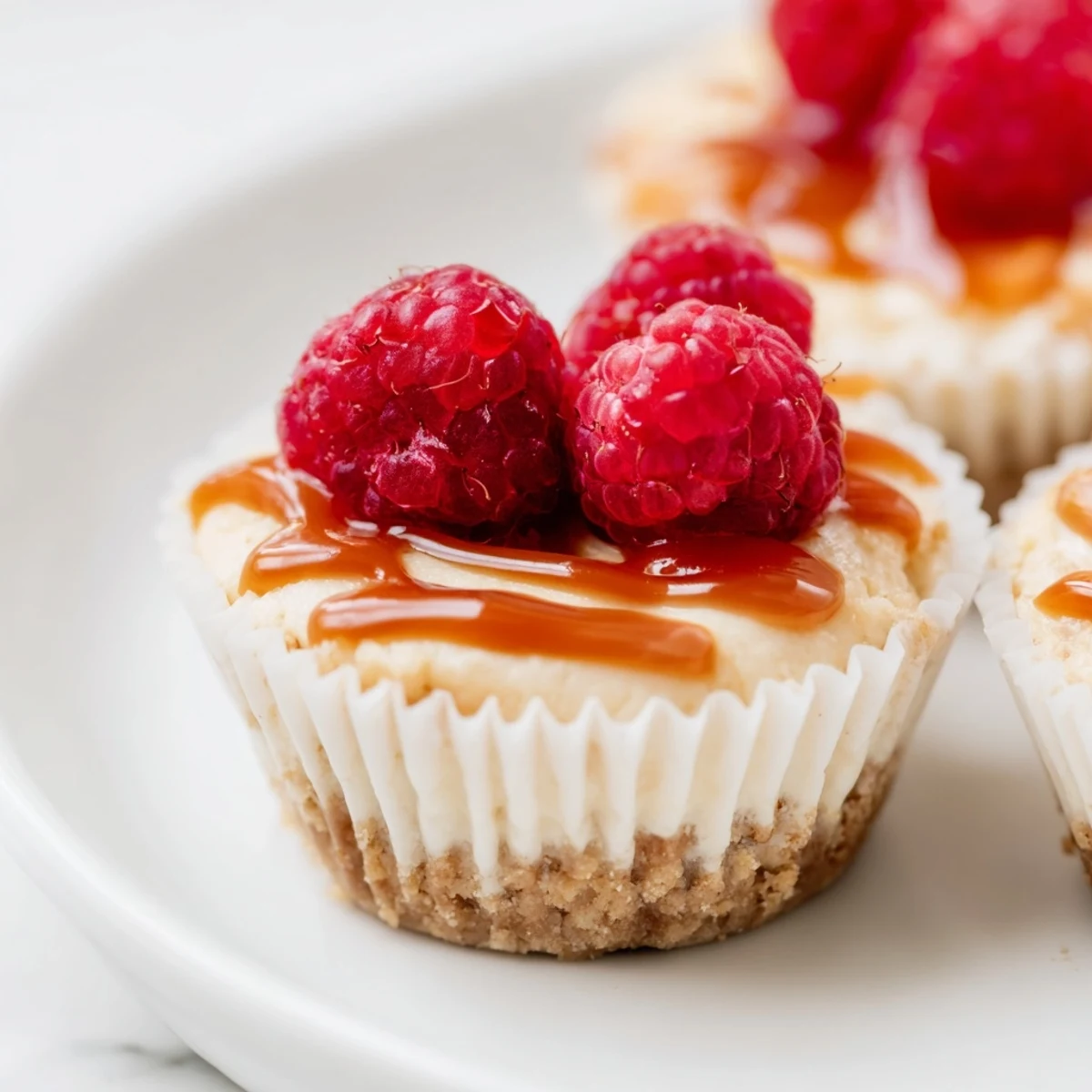 Creamy mini cheesecakes in paper liners drizzled with golden caramel sauce