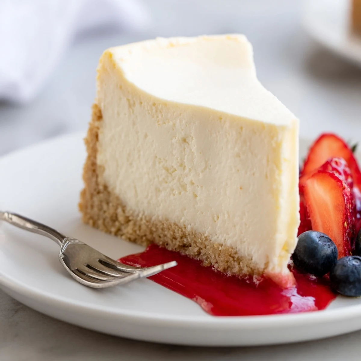 Creamy cheesecake topped with glossy sour cream, sitting on a rustic cake stand