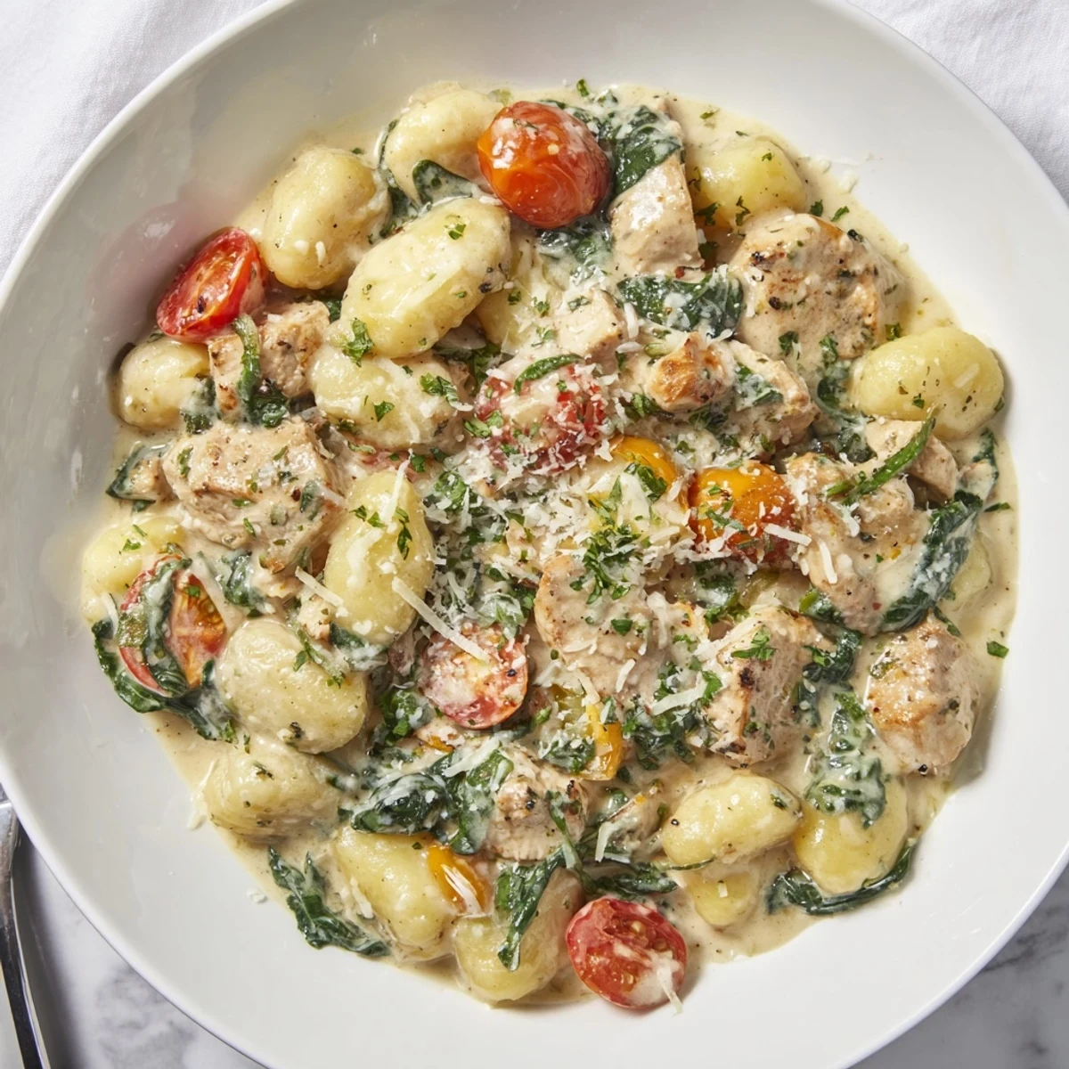 Creamy herb chicken gnocchi skillet bubbling in a rustic cast iron pan