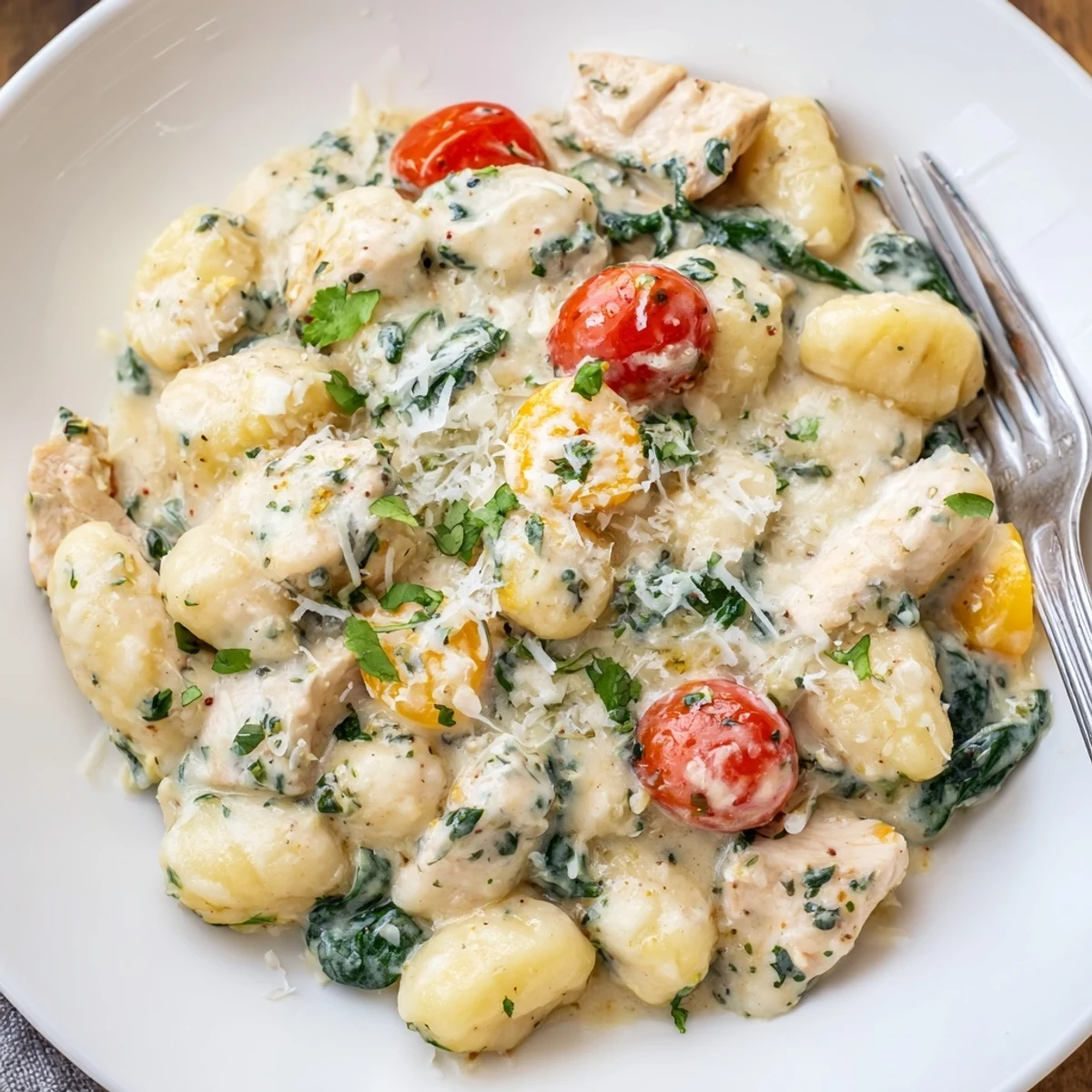 Golden chicken and pillowy gnocchi coated in a velvety herb cream sauce