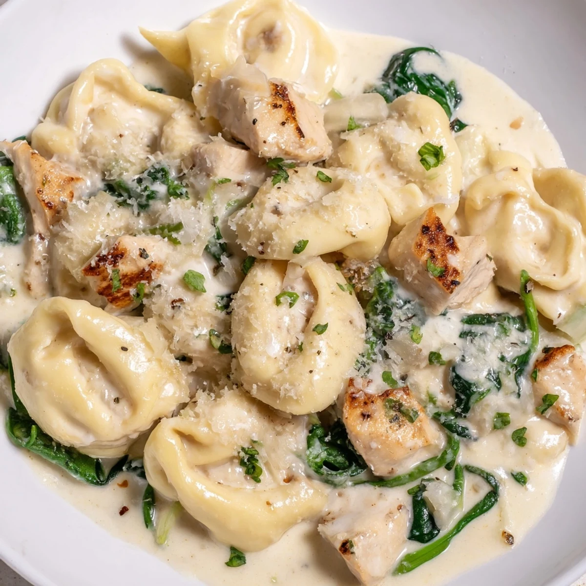 Golden seared chicken and cheese tortellini tossed in creamy garlic spinach sauce