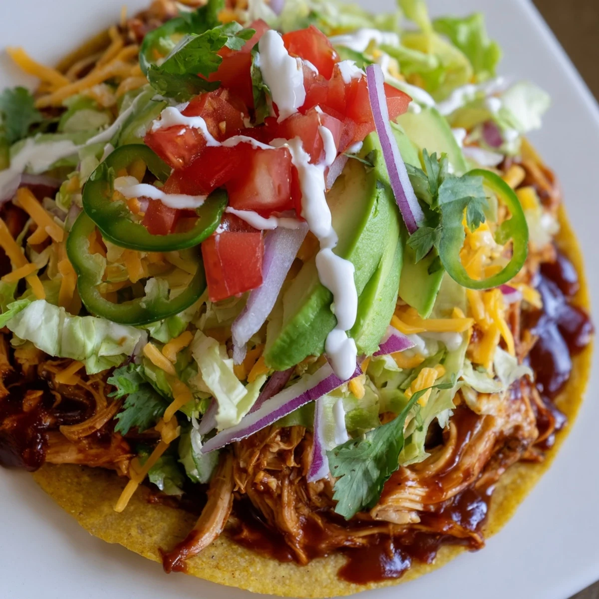 Crispy sweet smoky BBQ chicken tostadas piled high with fresh lettuce, tomatoes, and melted cheese
