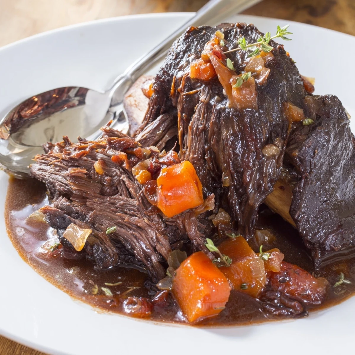 Succulent oven braised beef short ribs glistening in a deep burgundy sauce with caramelized vegetables
