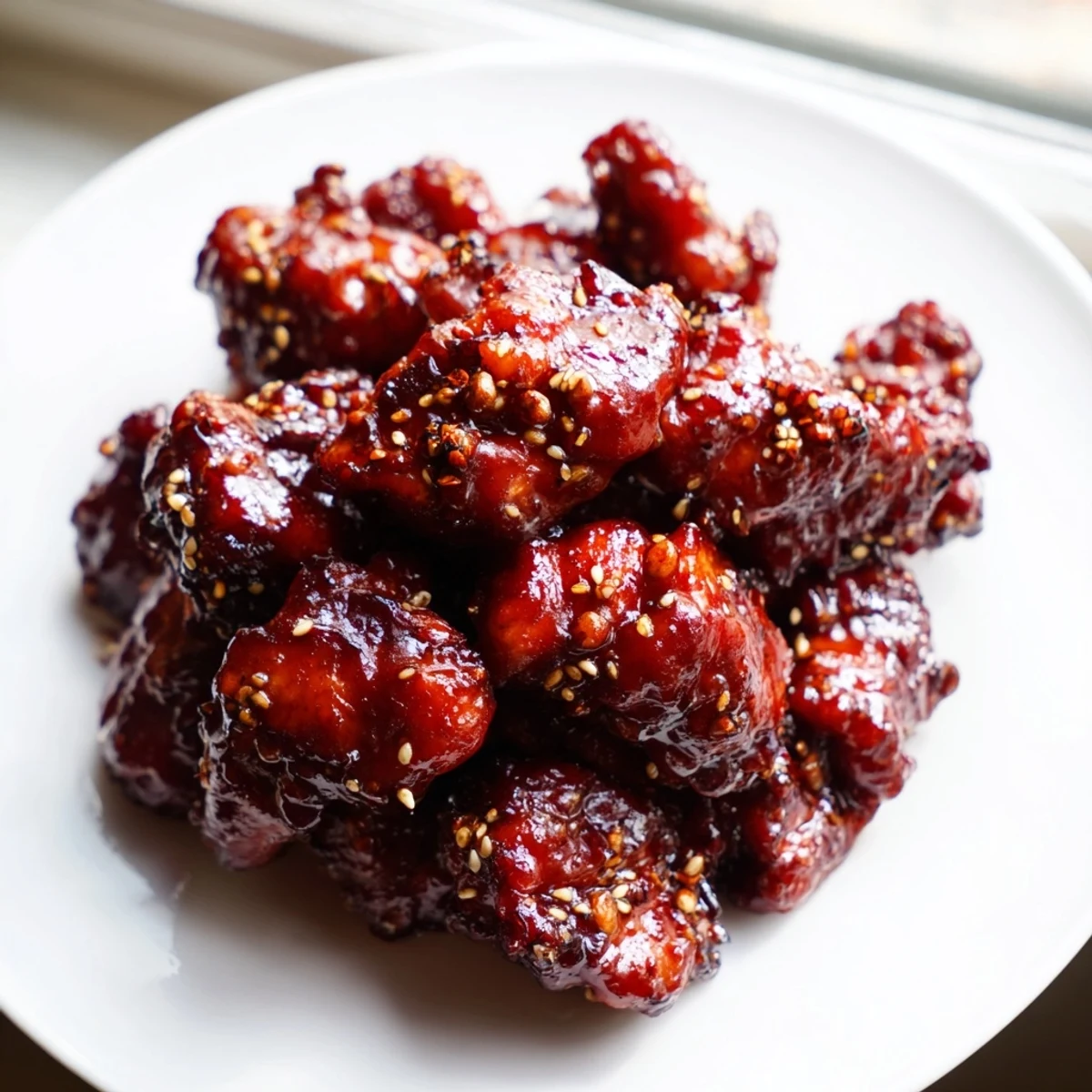 Gochujang chicken glazed in spicy red sauce served over steamed white rice.