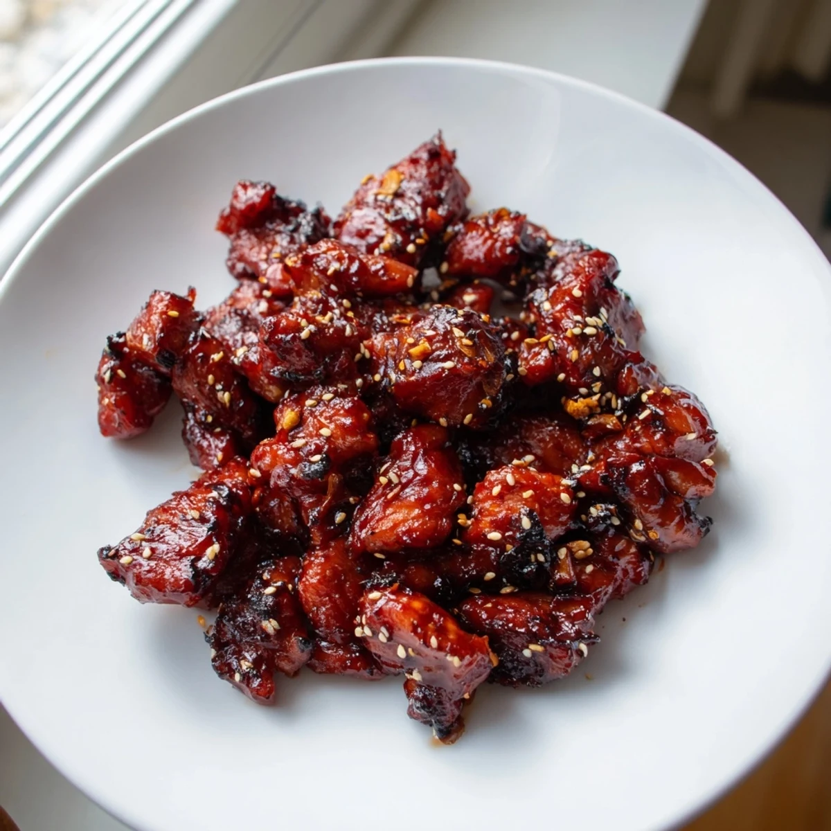 Caramelized gochujang chicken pieces garnished with sesame seeds and sliced spring onions.