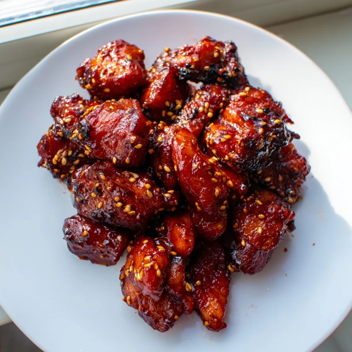 Crispy gochujang chicken thighs sizzling in a skillet with glossy umami sauce.