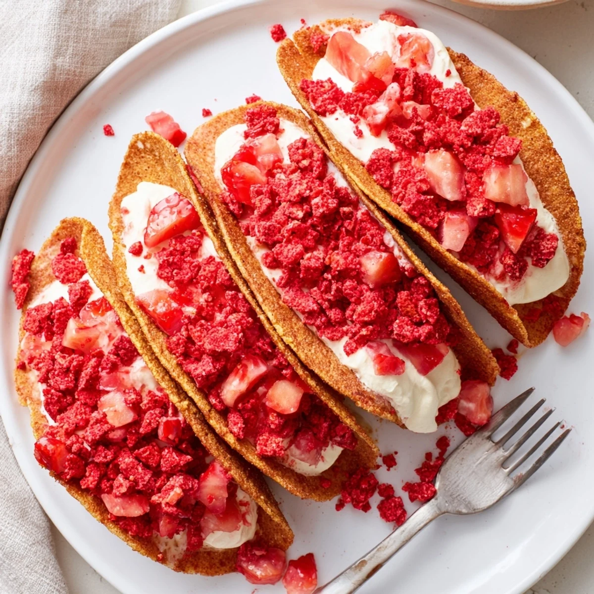 Golden cinnamon-sugar taco shells filled with creamy strawberry crunch cheesecake tacos topped with fresh berries