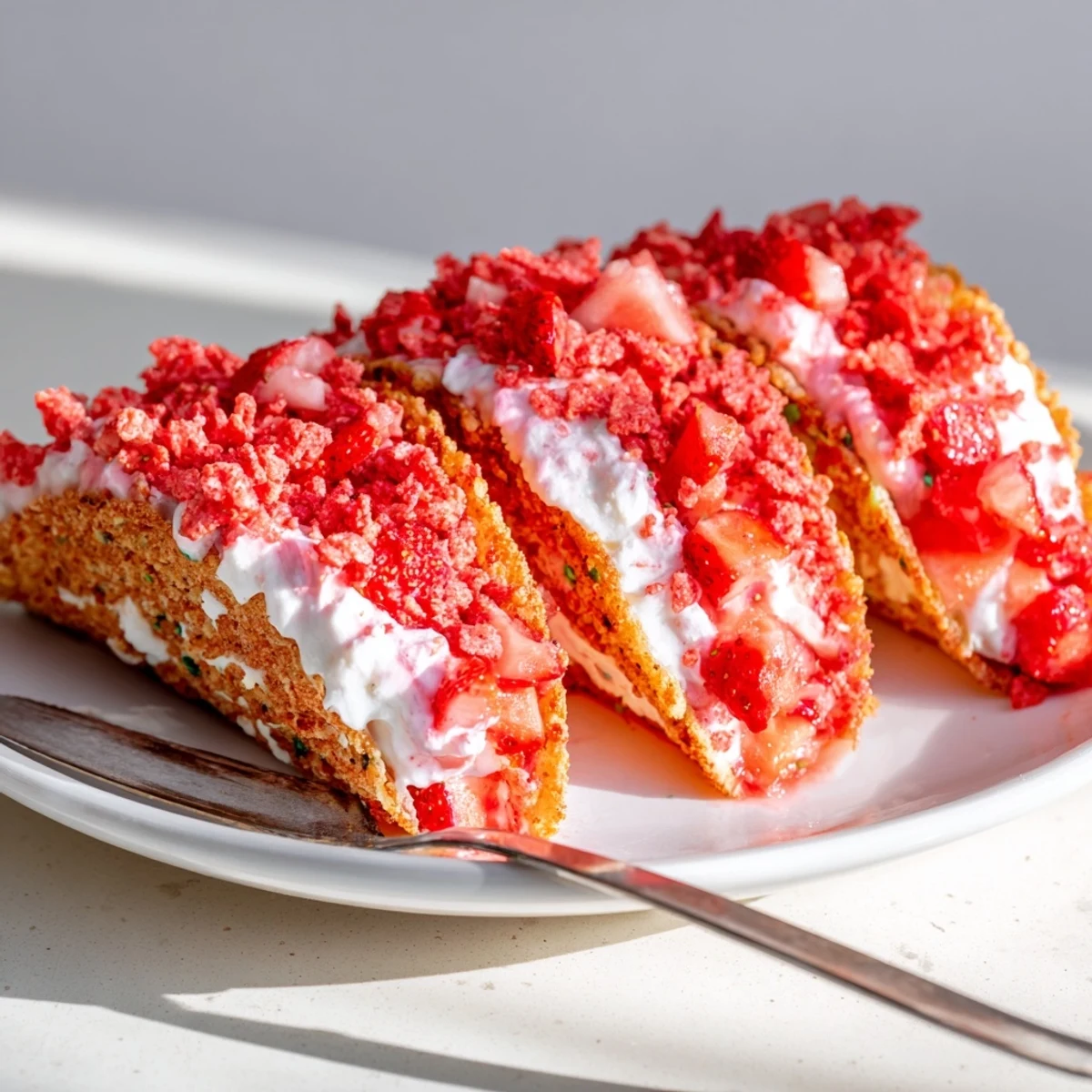 Strawberry crunch cheesecake tacos with crisp baked shells, fluffy cream cheese mousse, and vibrant strawberry crumble