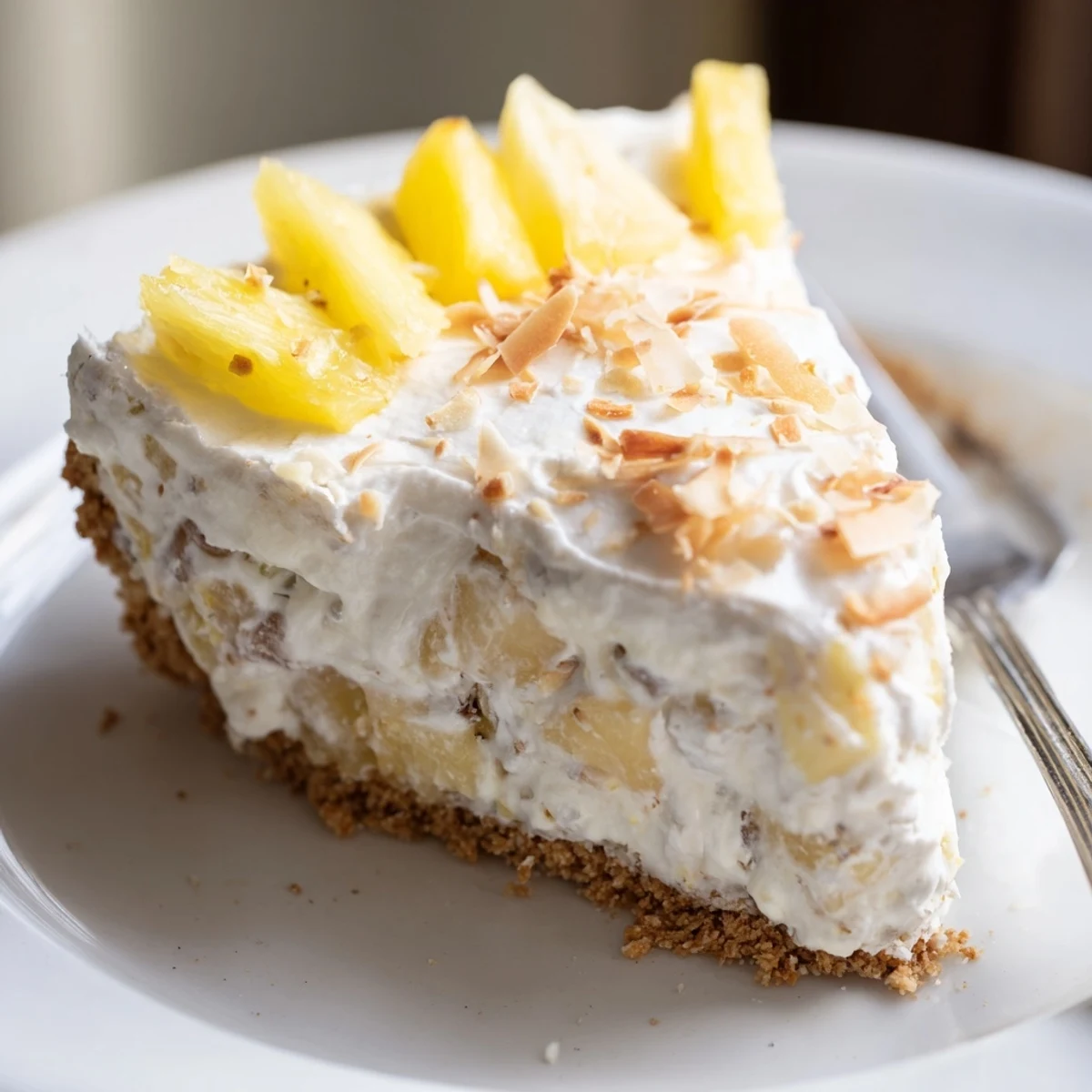 Creamy No Bake Pineapple Coconut Cream Cake sliced on a white dessert plate
