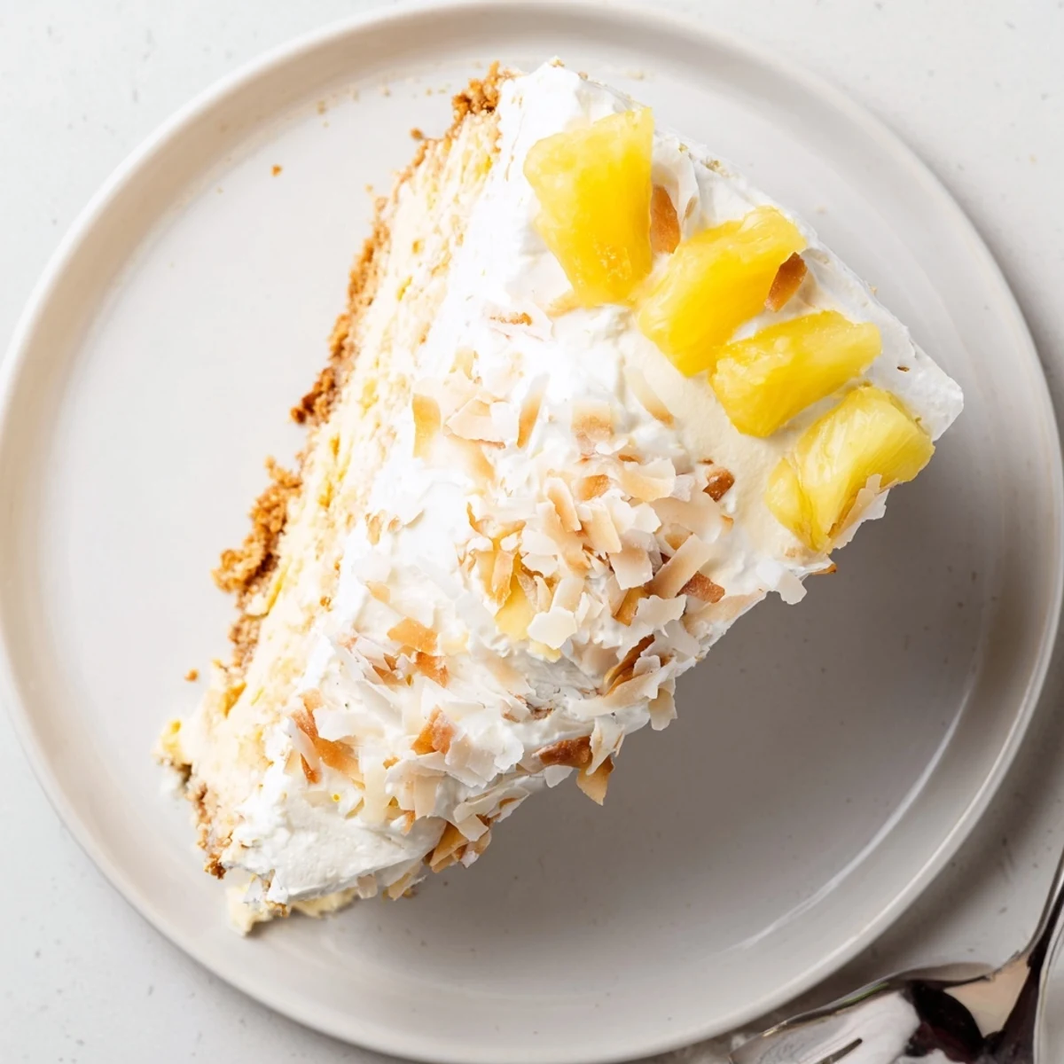 Tropical No Bake Pineapple Coconut Cream Cake topped with toasted coconut flakes and pineapple