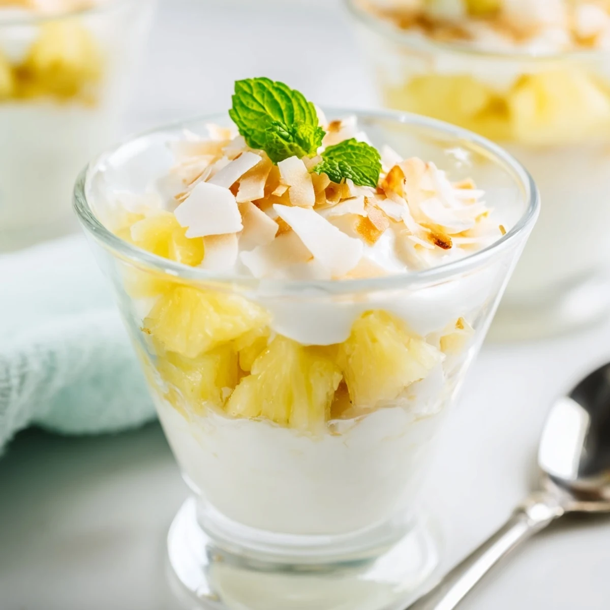 Chilled mini pineapple condensed coconut milk served in small glasses with fresh mint garnish