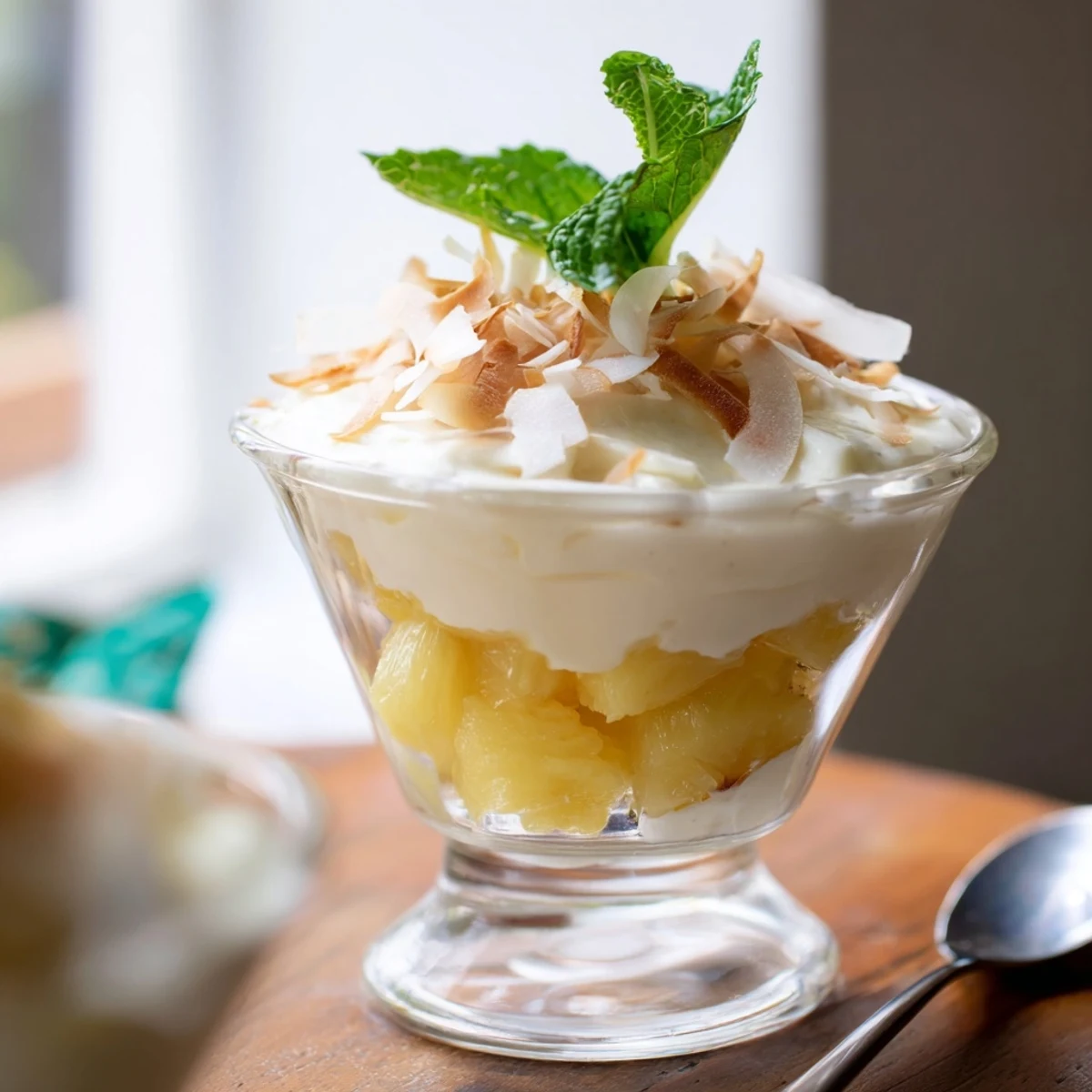 Creamy mini pineapple condensed coconut milk dessert cups topped with golden toasted coconut flakes