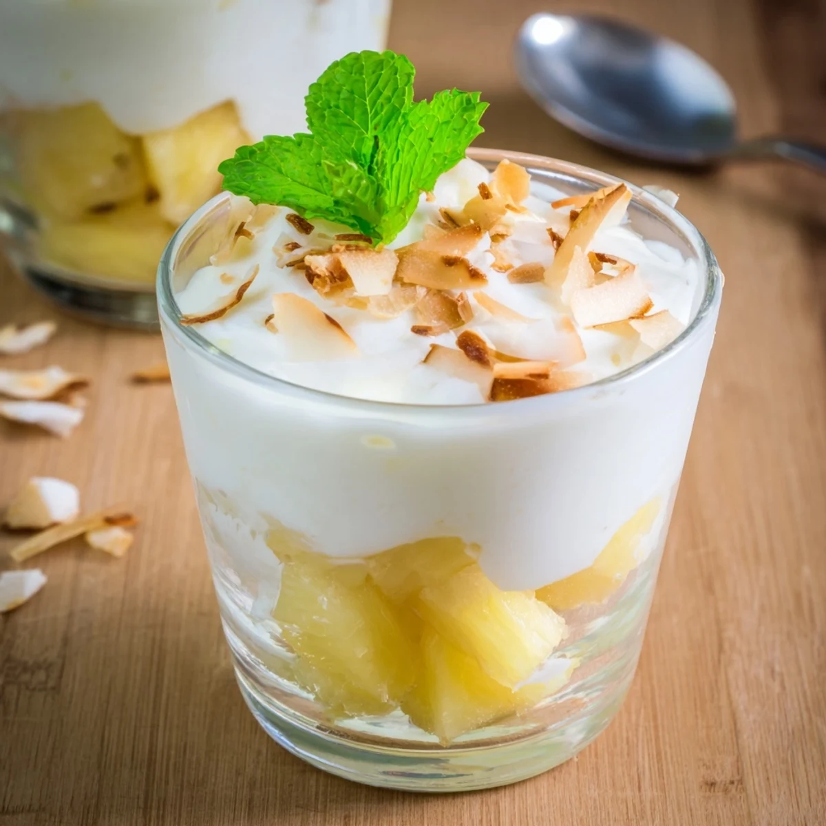 Tropical mini pineapple condensed coconut milk parfaits layered with juicy macerated fruit and vanilla cream